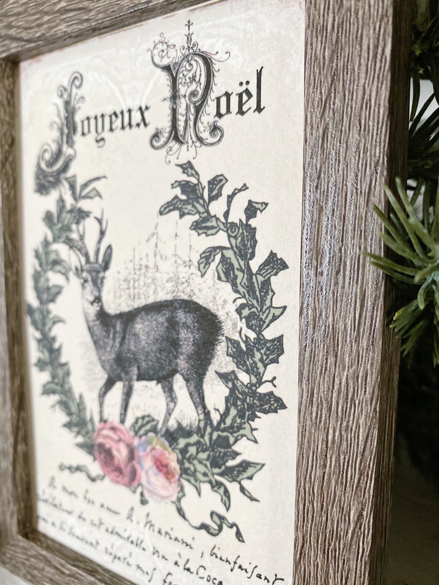 Vintage Christmas JOYEUX NOEL DEER Frame Farmhouse Christmas Decor Barn Wood Rustic Primitive Christmas Sign Laurel Wreath Pink Roses