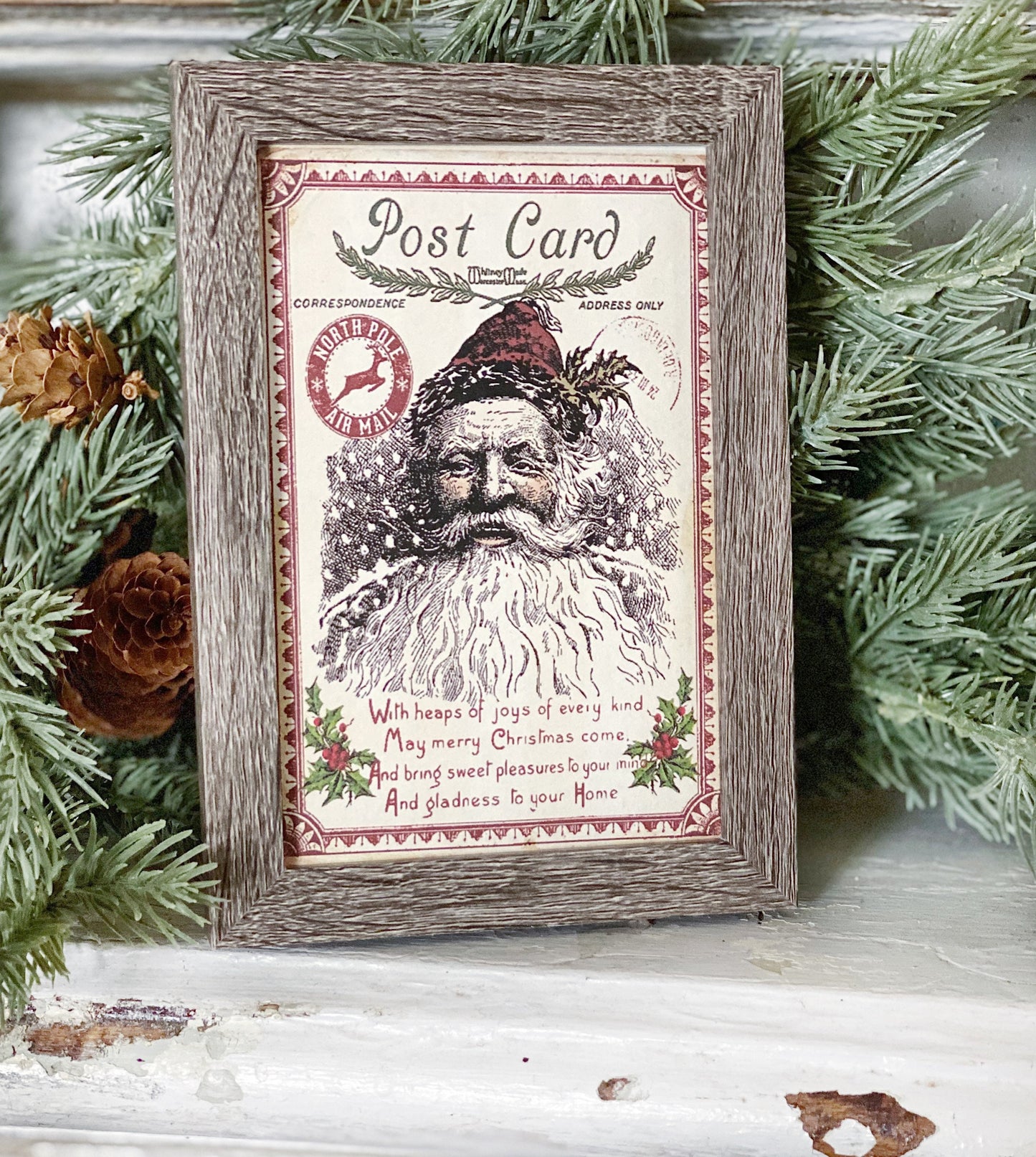 Vintage Christmas SANTA Post Card Frame Farmhouse Christmas Decor Barn Wood Rustic Primitive Christmas Sign