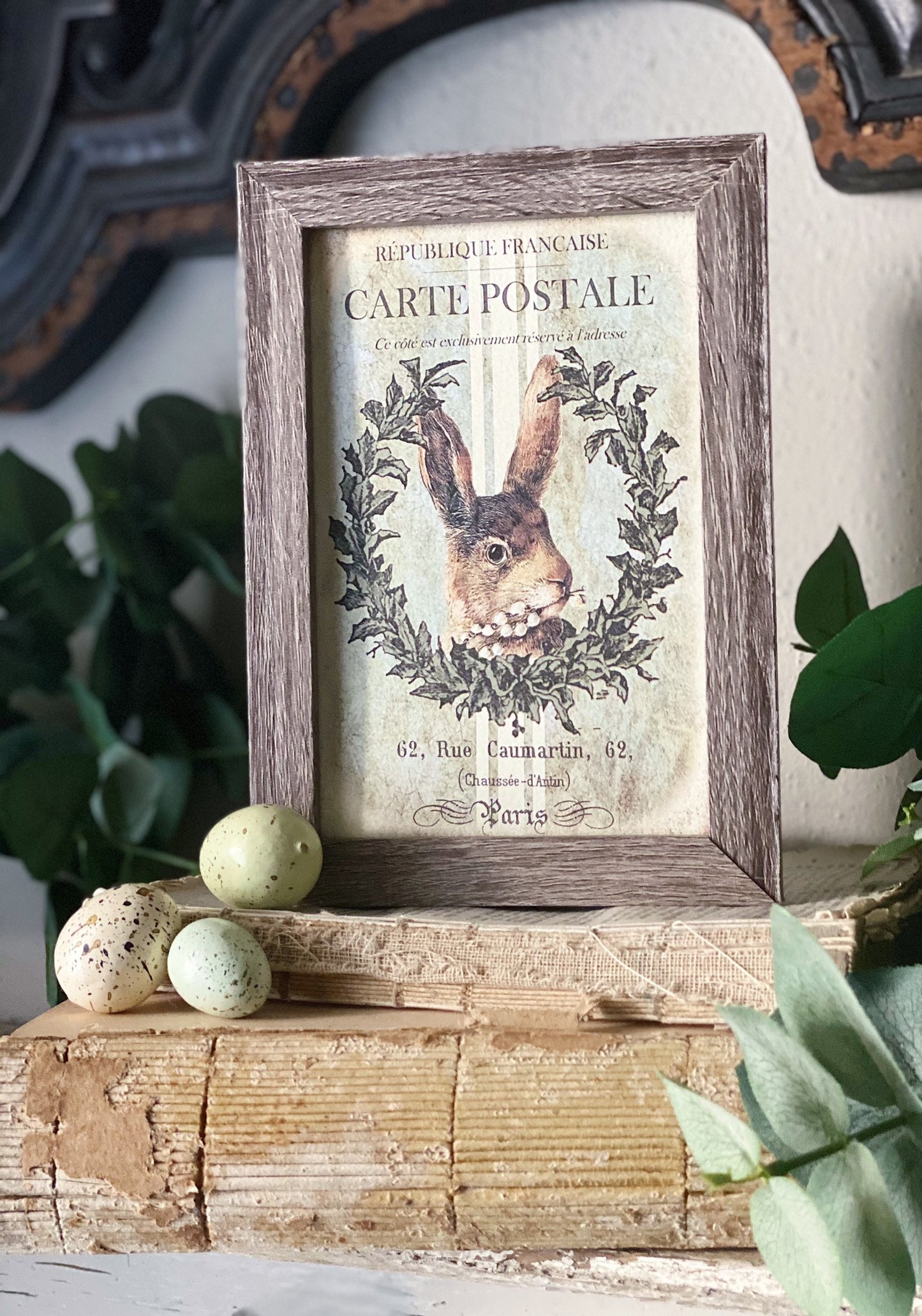 EASTER RABBIT BUNNY Framed Sign Grain Sack Farmhouse Decor Barn Wood Rustic Laurel Wreath