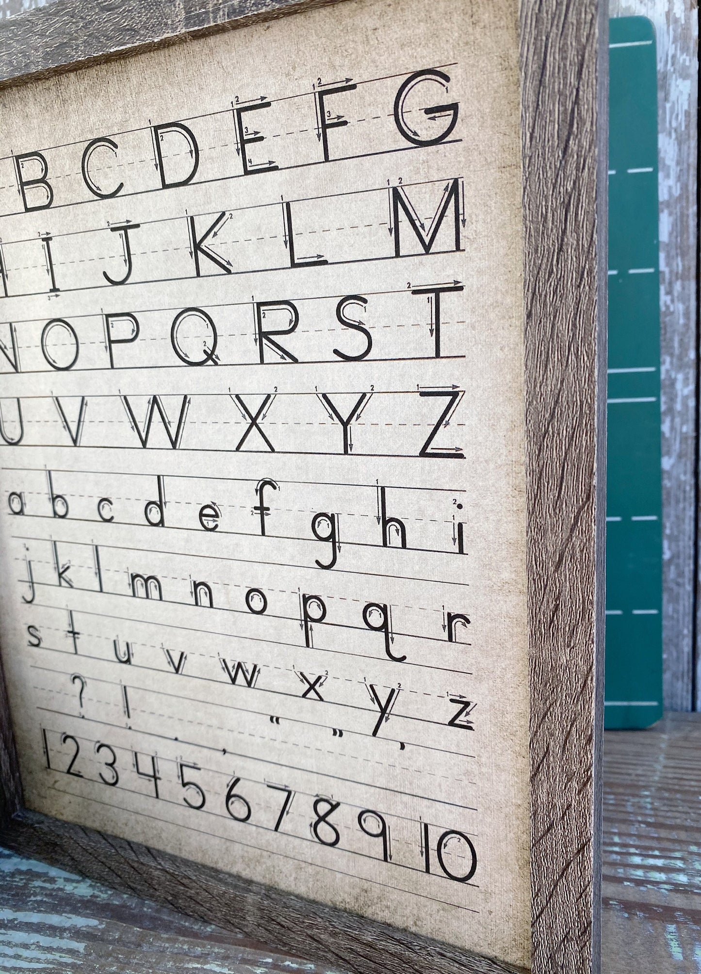 Vintage ALPHABET Wood Sign Frame Homeschool Decor Handwriting Mounted Print Farmhouse ABC Book Art Nursery Primitive Number Back To School