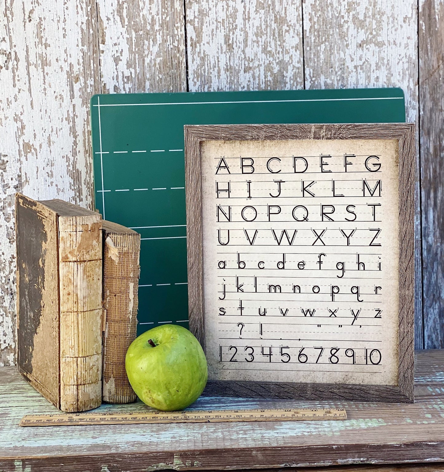 Vintage ALPHABET Wood Sign Frame Homeschool Decor Handwriting Mounted Print Farmhouse ABC Book Art Nursery Primitive Number Back To School