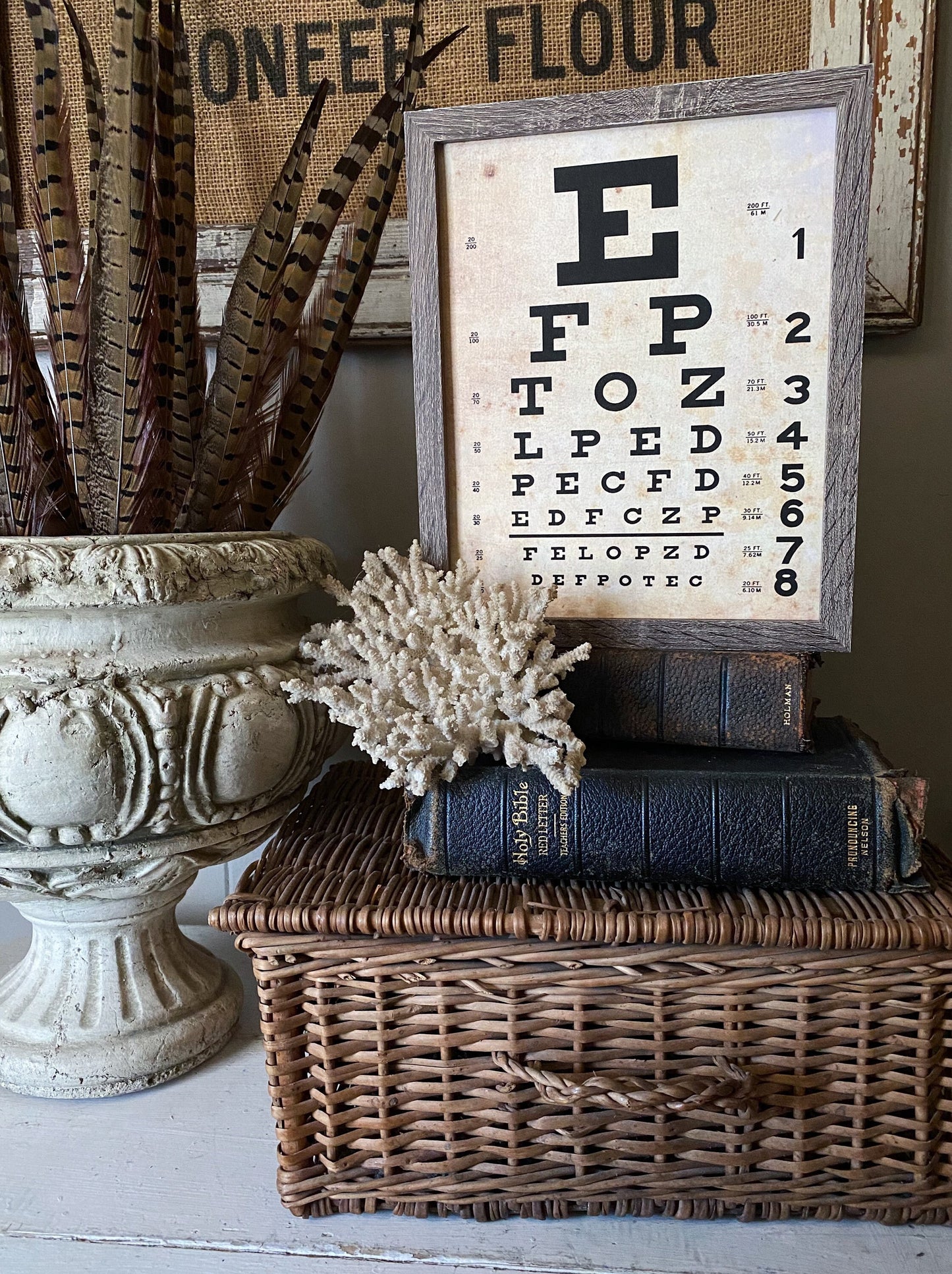 Vintage EYE CHART Wood Sign Frame Mounted Print Farmhouse Decor Page Wall Art Print Primitive Decor Poster Homeschool Decor Back To School