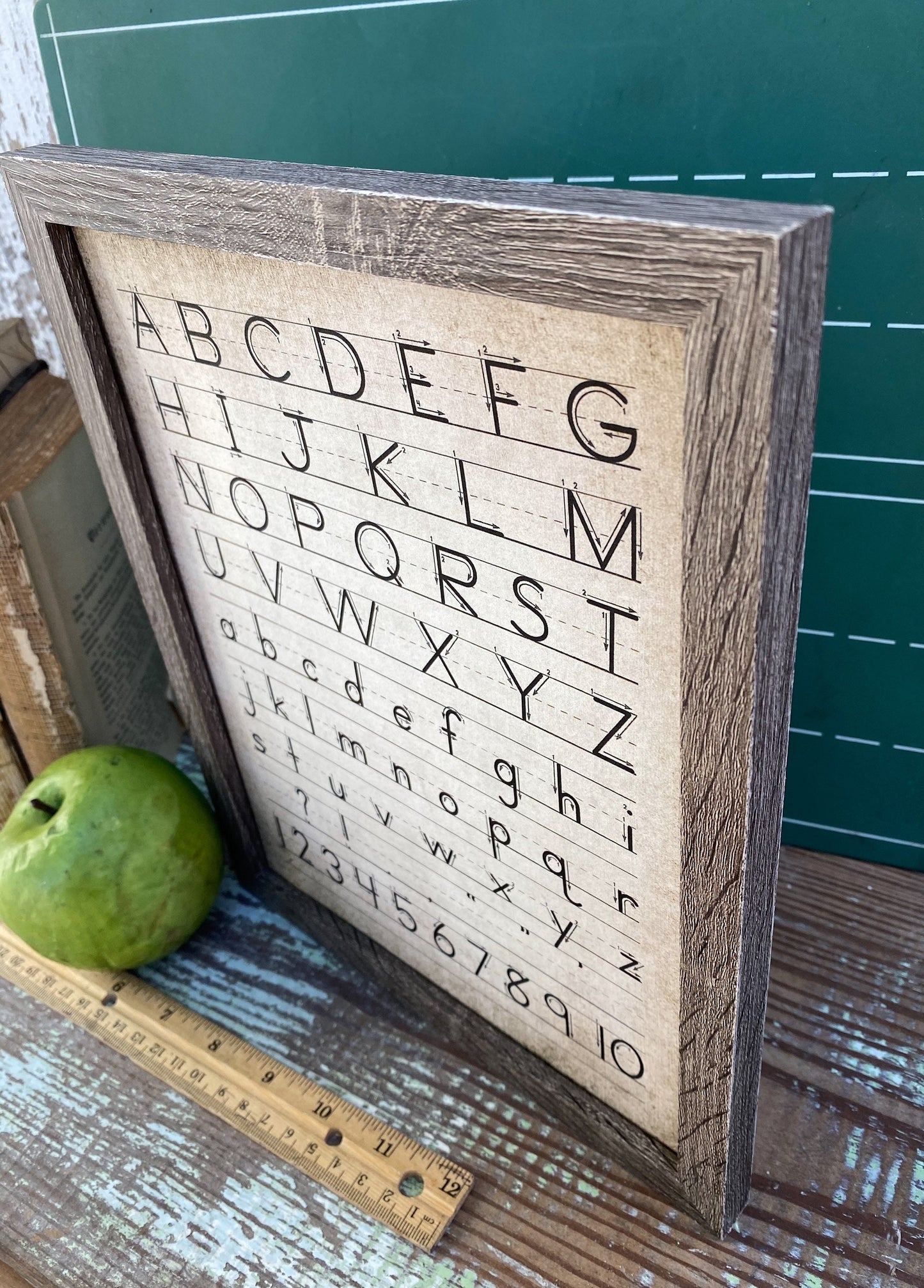 Vintage ALPHABET Wood Sign Frame Homeschool Decor Handwriting Mounted Print Farmhouse ABC Book Art Nursery Primitive Number Back To School