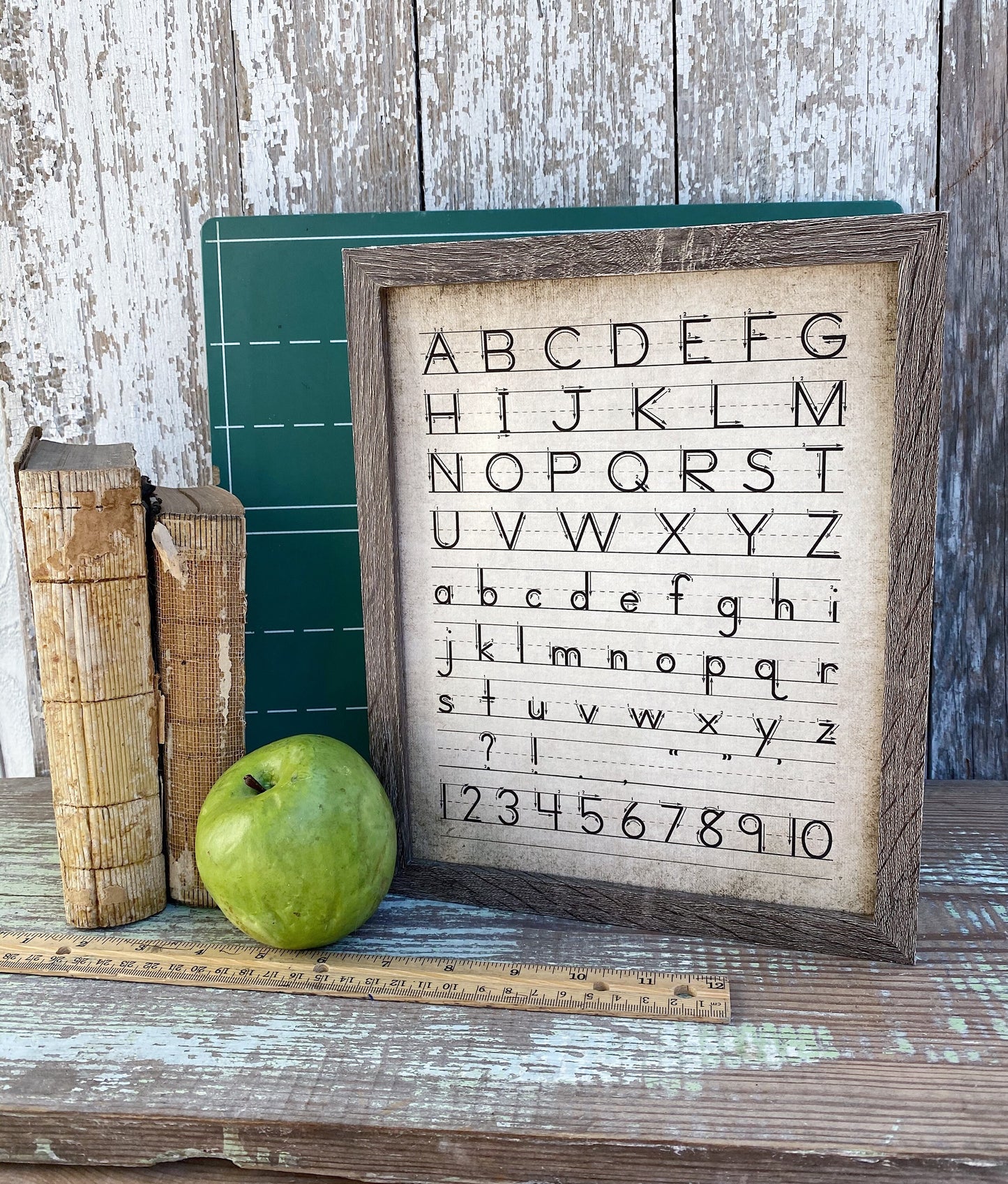 Vintage ALPHABET Wood Sign Frame Homeschool Decor Handwriting Mounted Print Farmhouse ABC Book Art Nursery Primitive Number Back To School
