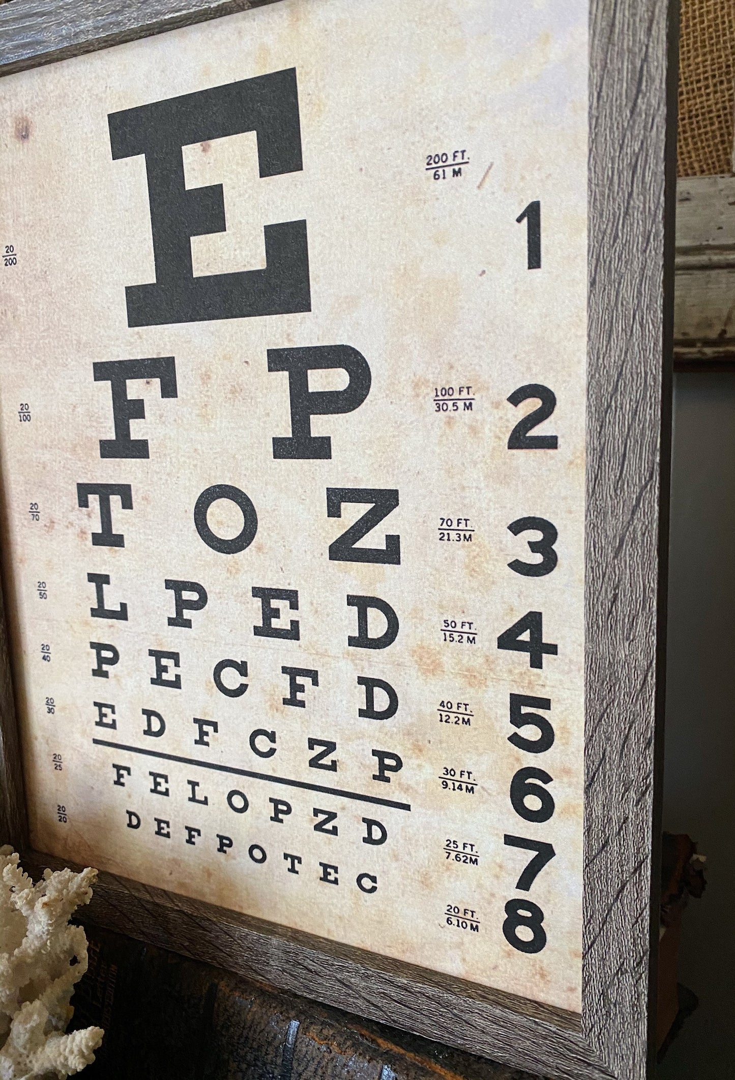 Vintage EYE CHART Wood Sign Frame Mounted Print Farmhouse Decor Page Wall Art Print Primitive Decor Poster Homeschool Decor Back To School