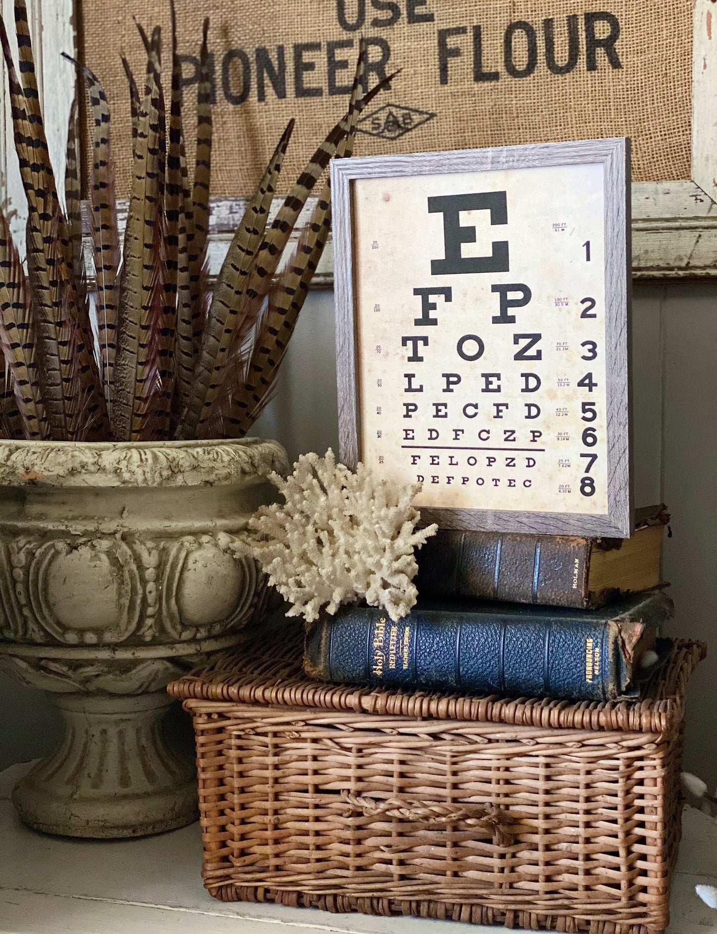 Vintage EYE CHART Wood Sign Frame Mounted Print Farmhouse Decor Page Wall Art Print Primitive Decor Poster Homeschool Decor Back To School