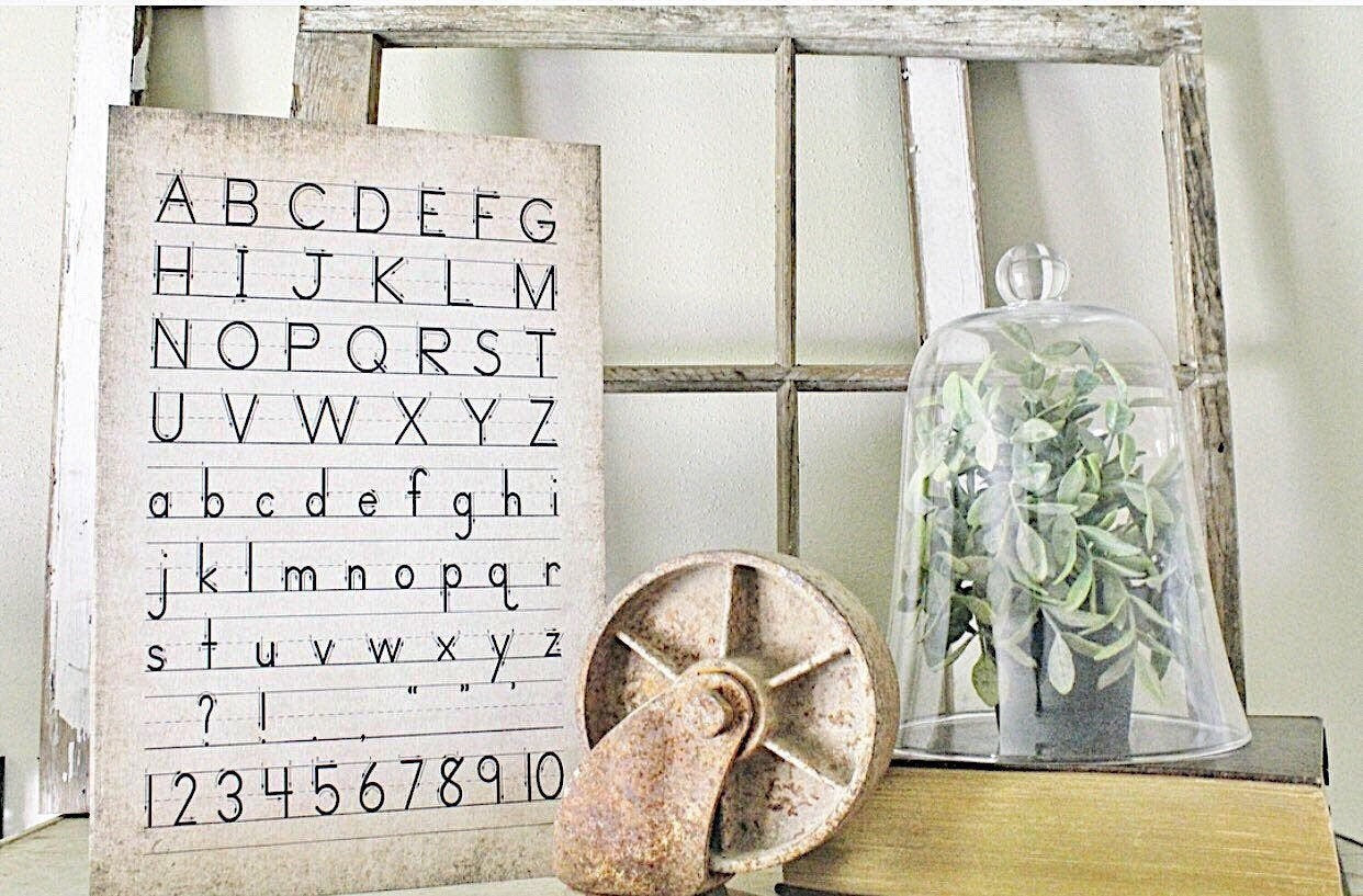 Vintage ALPHABET Poster Wood Sign Mounted Print Farmhouse Decor ABC Wall Art Nursery Primitive Handwriting Homeschool Number Back To School