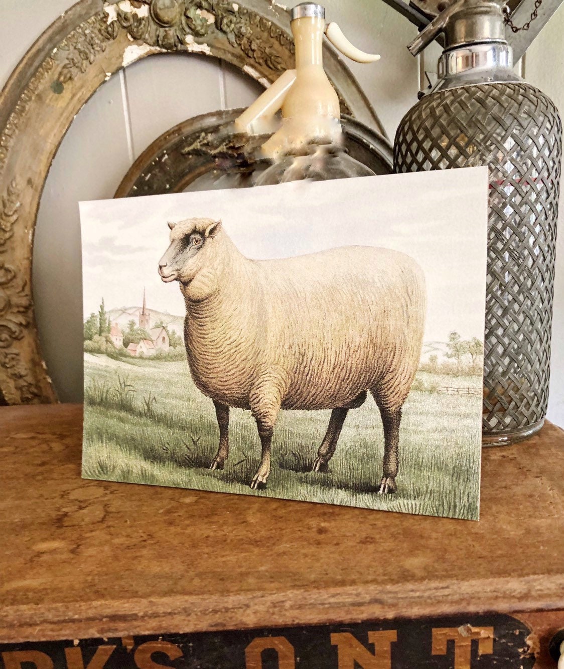 Vintage SHEEP Wood Sign Primitive Farmhouse Decor Illustration Book Page Wall Art Print Pasture Church Farm Antique Image Easter Decor
