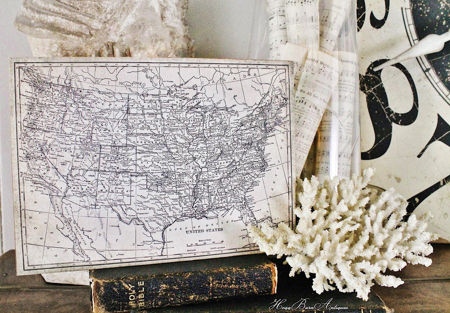 Vintage UNITED STATES MAP Poster Wood Sign Mounted Print Farmhouse Book School Page Wall Art Print Primitive Homeschool Patriotic Americana