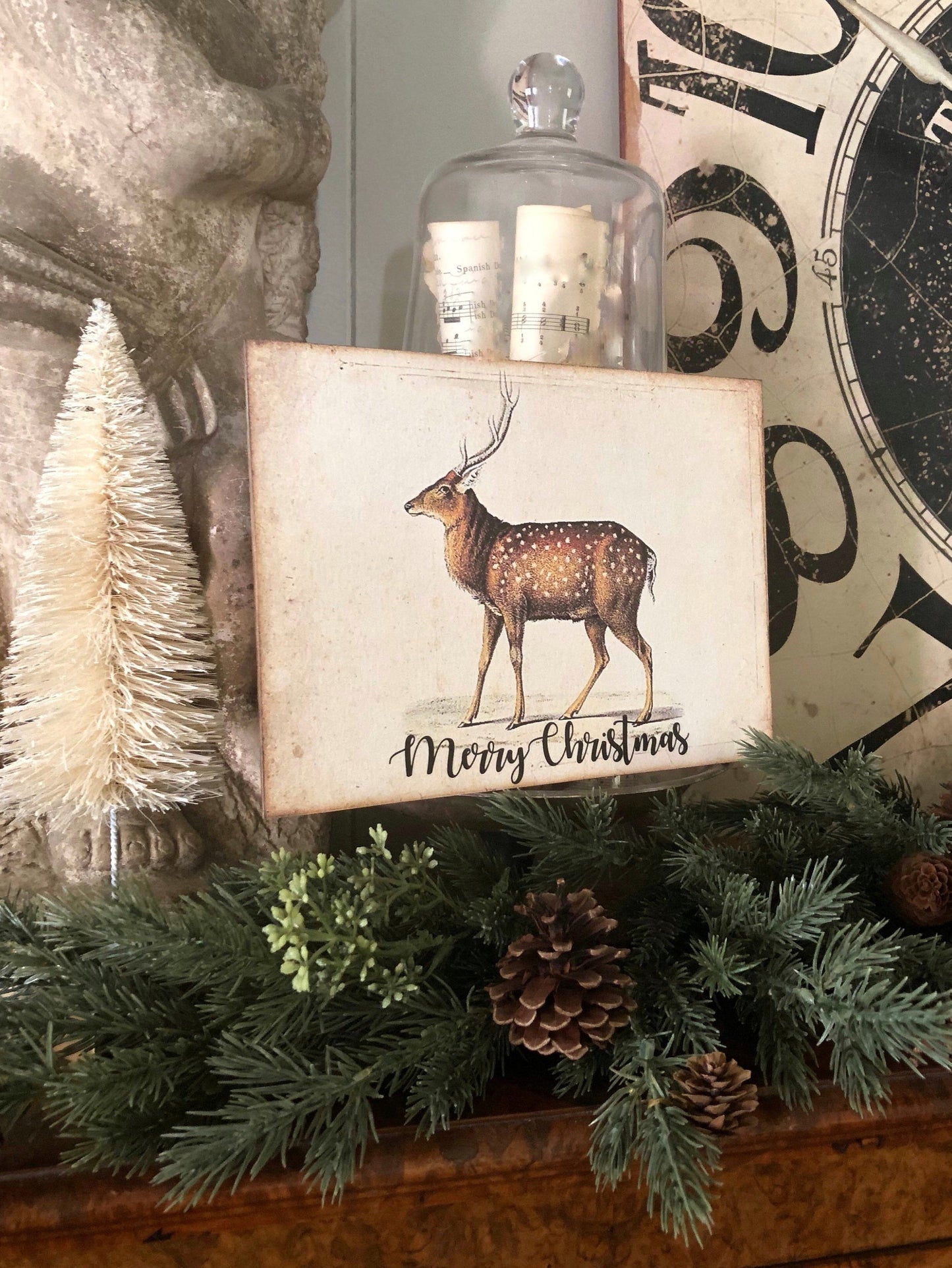 MERRY CHRISTMAS DEER Sign Vintage Christmas Decor Deer Fawn Stag Buck Reindeer Wood Sign Farmhouse Christmas Decor Book Page Art Primitive