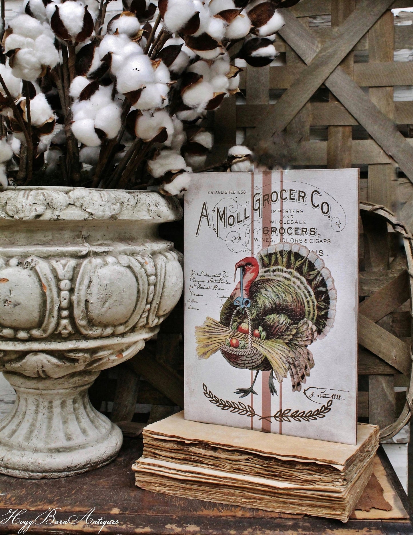Vintage French THANKSGIVING TURKEY Wood Sign Farmhouse Decor Grainsack Book Page Wall Art Print Fall Decor