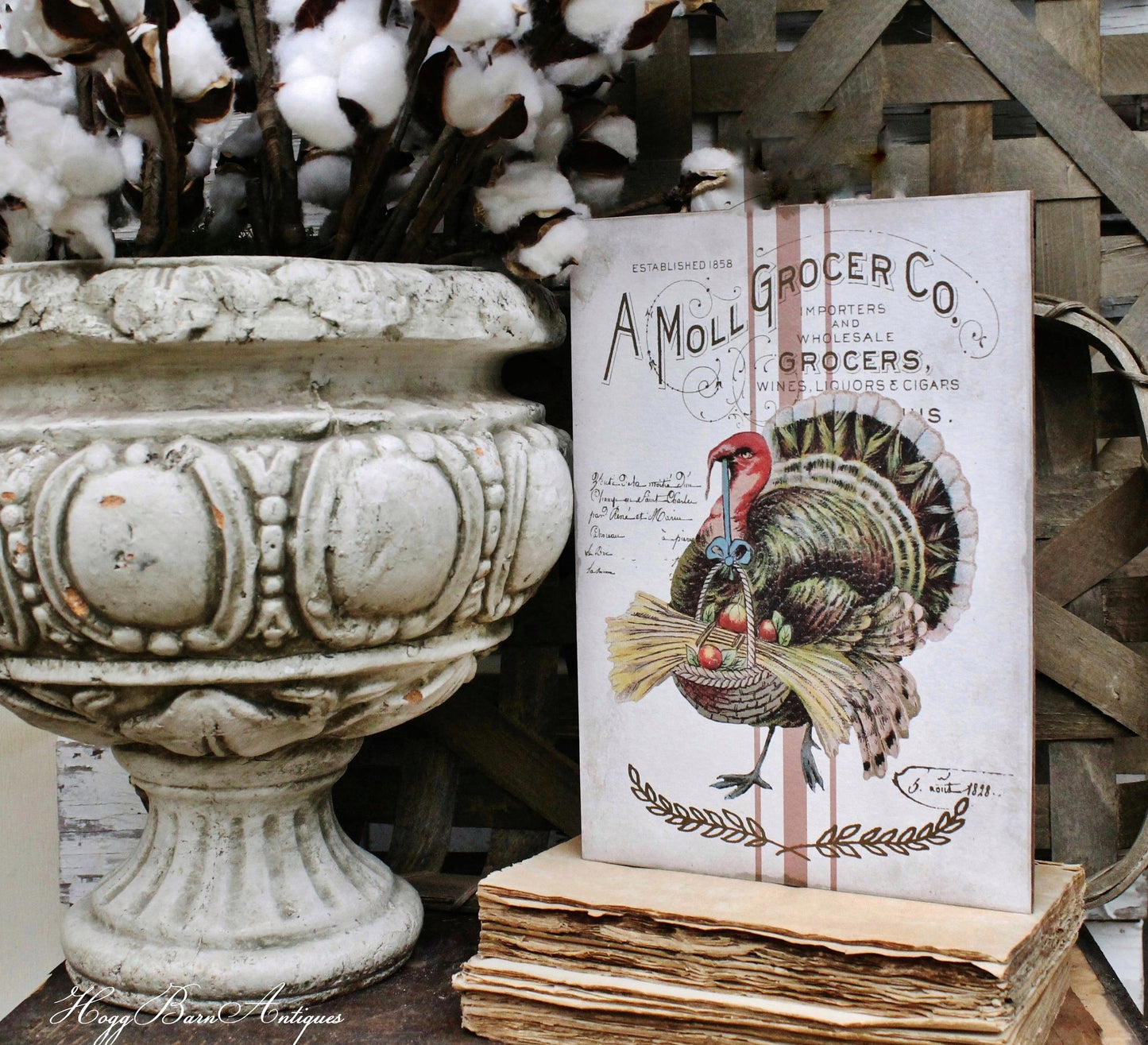 Vintage French THANKSGIVING TURKEY Wood Sign Farmhouse Decor Grainsack Book Page Wall Art Print Fall Decor