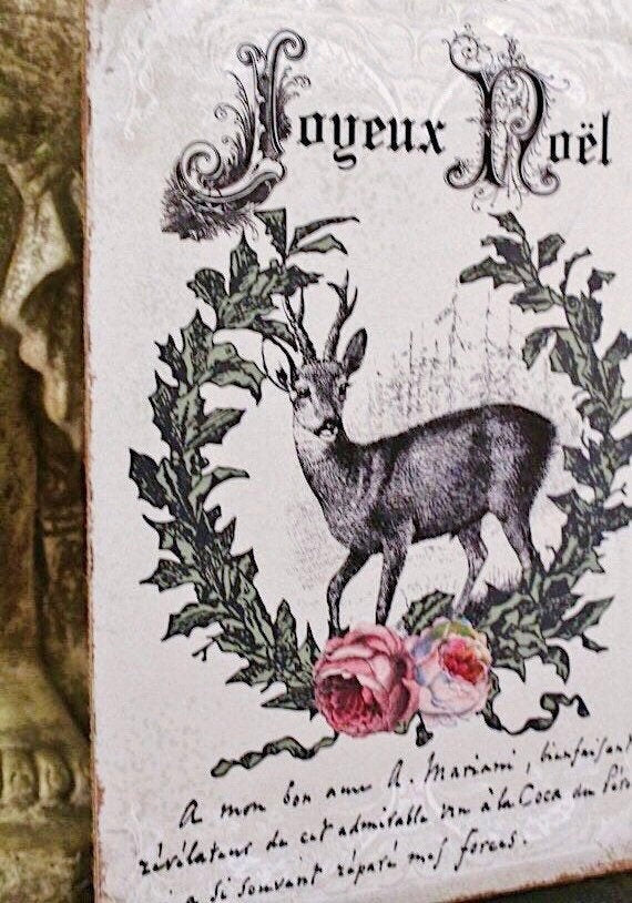JOYEUX NOEL Deer Sign Vintage Christmas Decor Laurel Wreath Roses Reindeer Wood Sign Farmhouse Christmas Decor Christmas Book Page Art