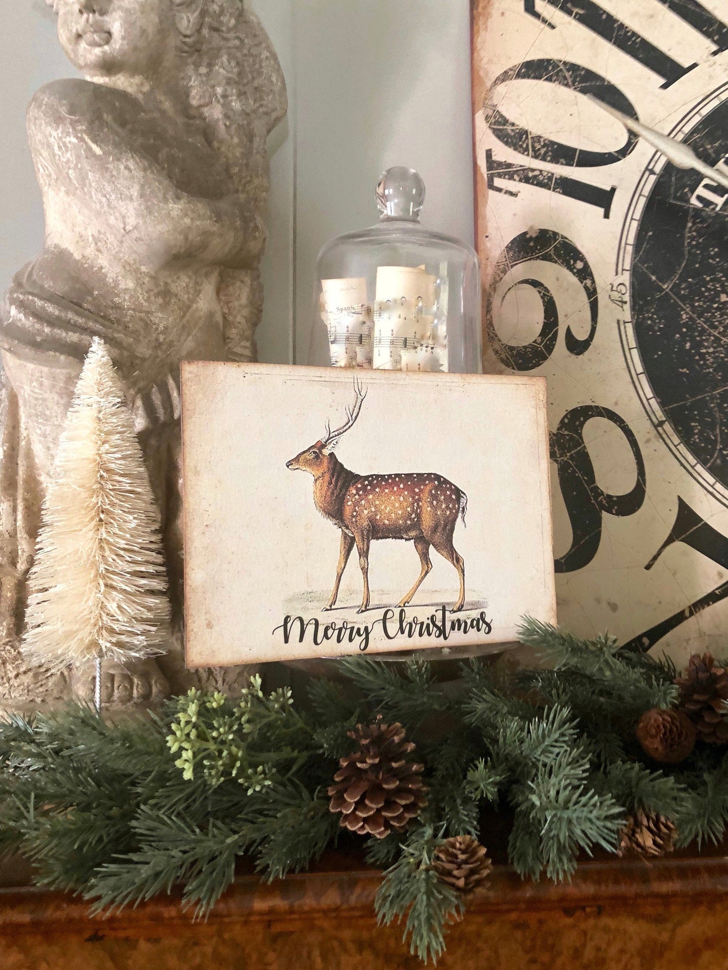MERRY CHRISTMAS DEER Sign Vintage Christmas Decor Deer Fawn Stag Buck Reindeer Wood Sign Farmhouse Christmas Decor Book Page Art Primitive
