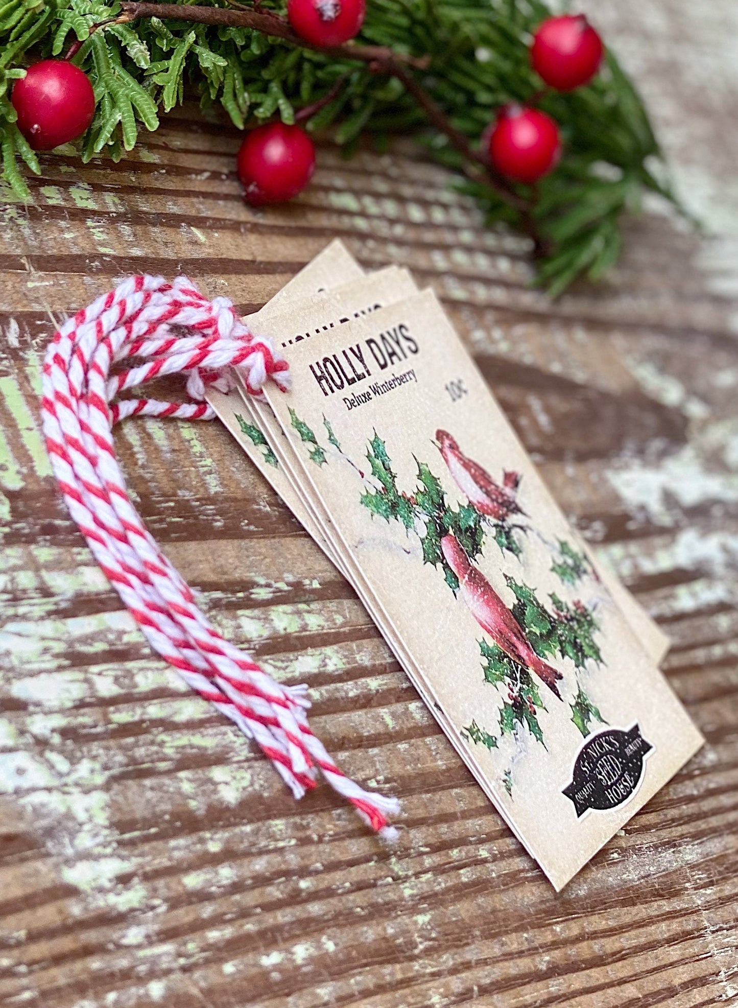 Christmas Gift Tags Vintage HOLLY DAYS Red Bird Seed Packet Red Green Farmhouse Decor Gift Wrap