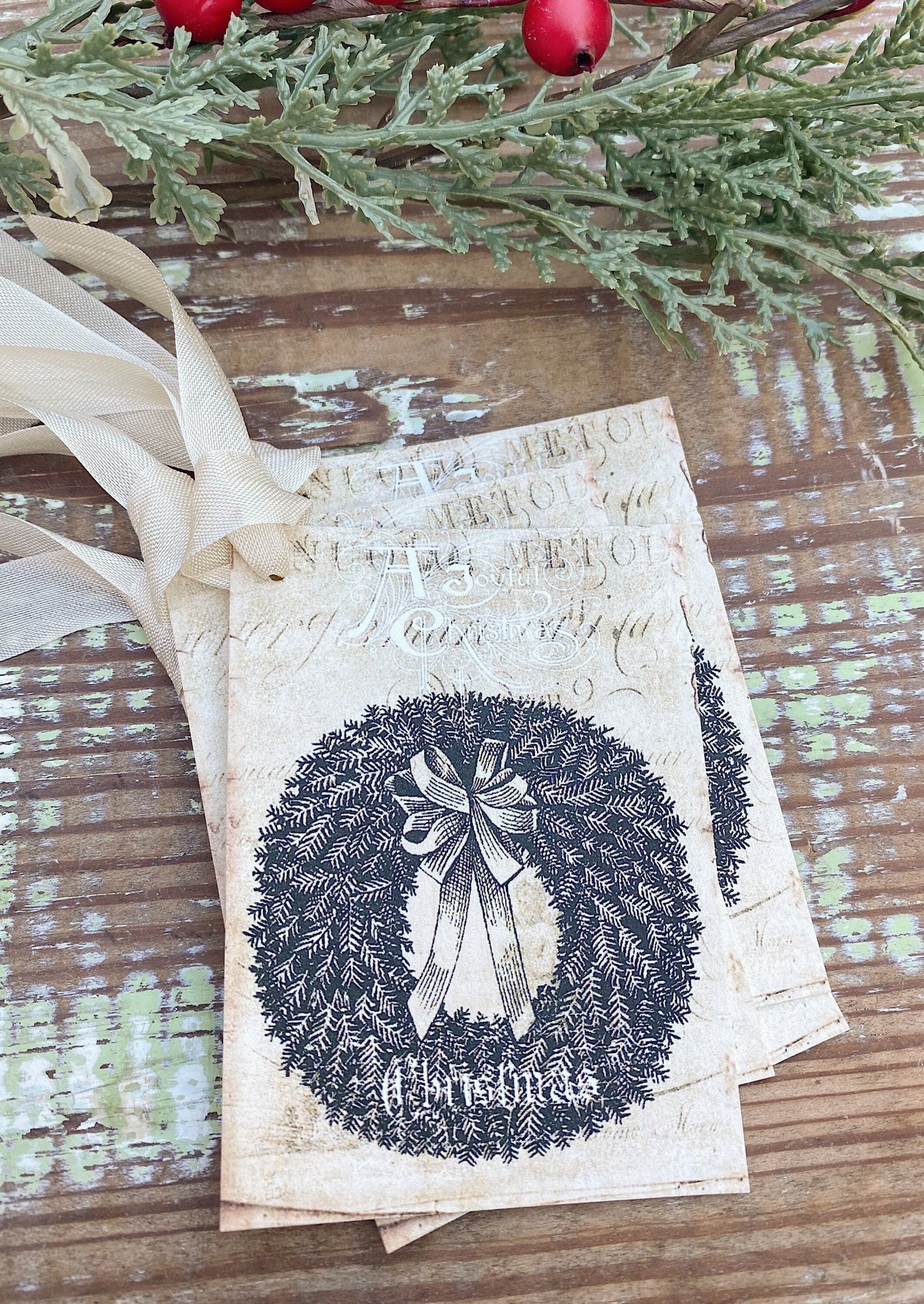 Christmas Vintage Gift Tags WREATH GREEN Farmhouse Christmas Decor Card French Shabby Gift Wrap