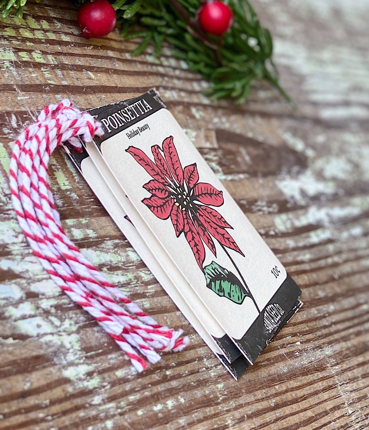 Christmas Gift Tags Vintage POINSETTIA SEED PACKET Red Farmhouse Decor Gift Wrap