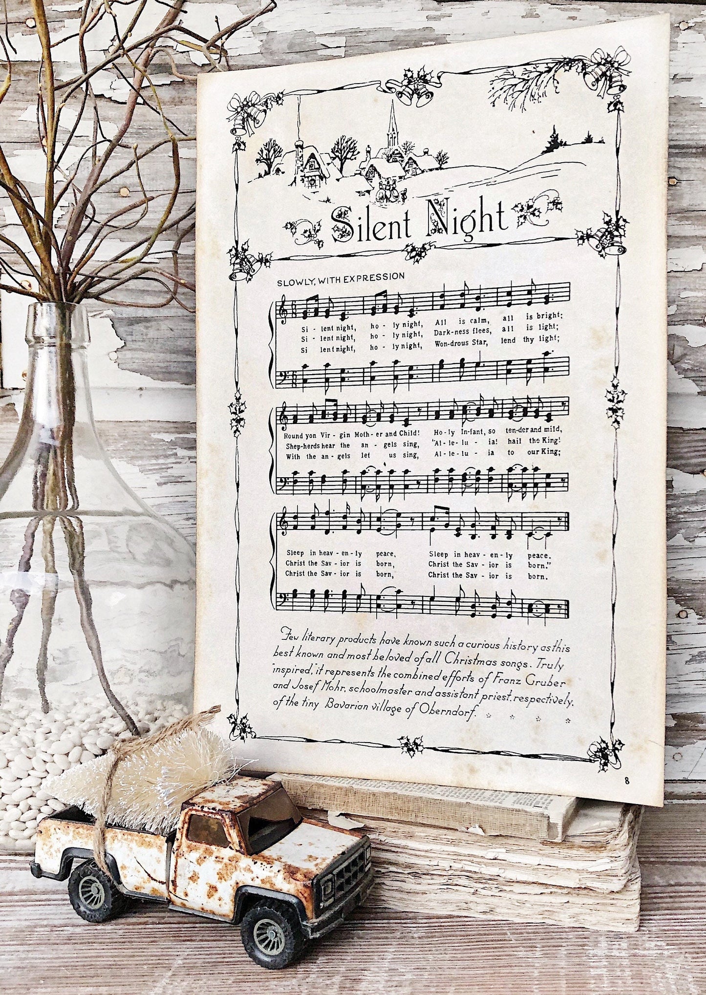 SILENT NIGHT Sign Wood Vintage Sheet Music Carol Christmas Decor Poster Farmhouse Decor Book Page Wall Art
