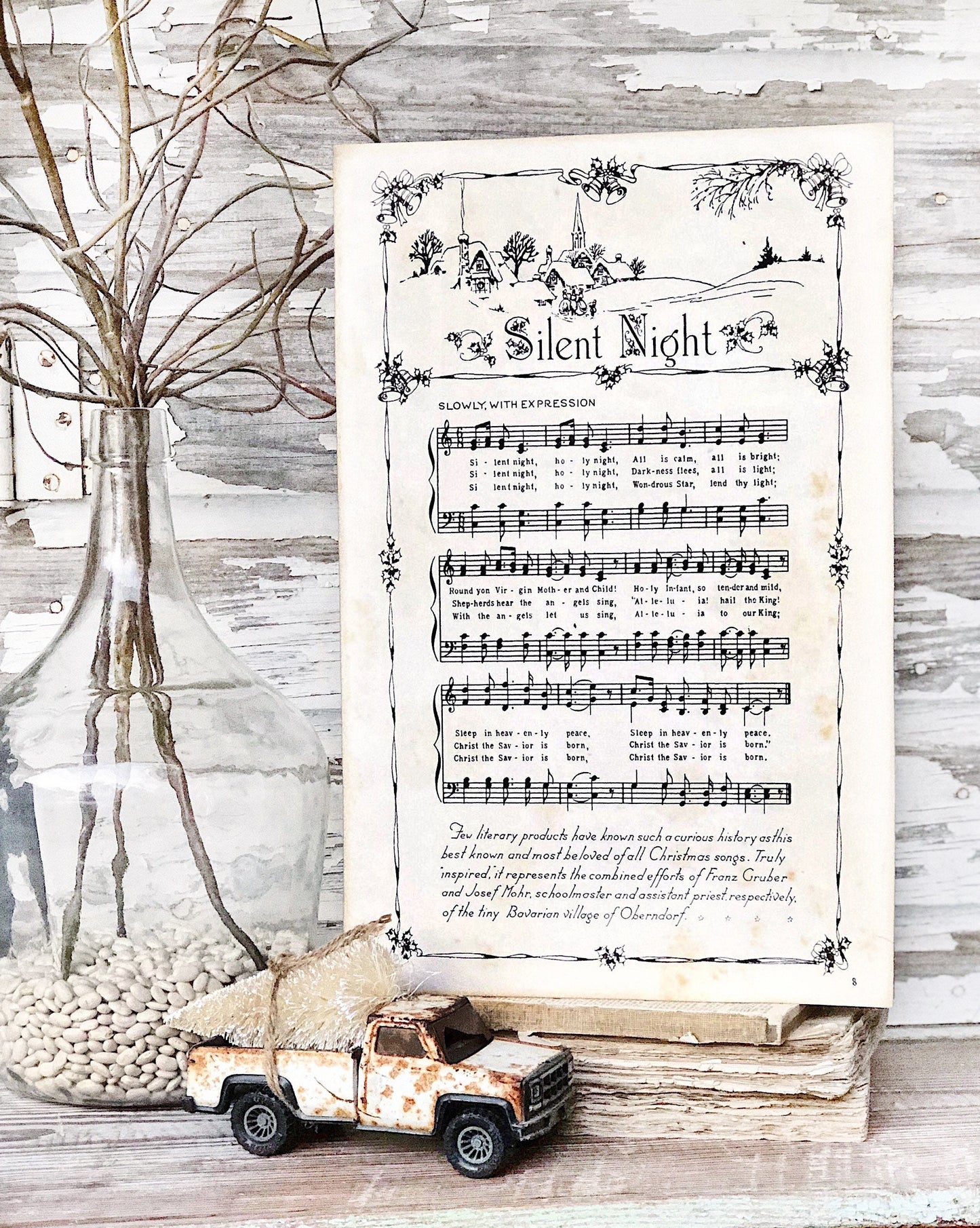 SILENT NIGHT Sign Wood Vintage Sheet Music Carol Christmas Decor Poster Farmhouse Decor Book Page Wall Art