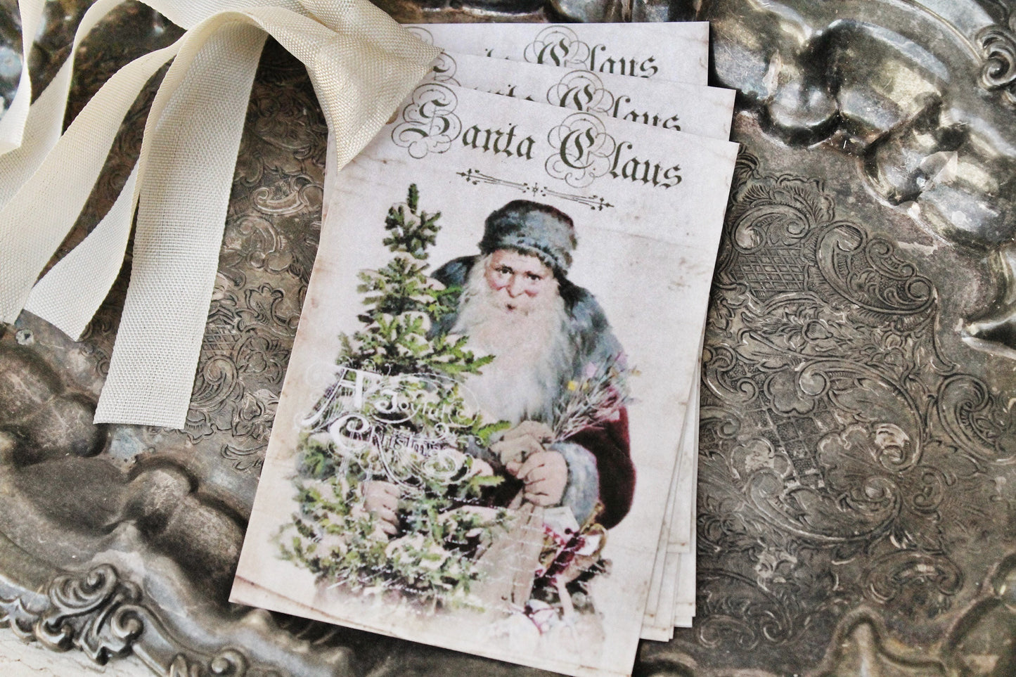 Christmas Gift Tags Vintage SANTA CLAUS with Tree Farmhouse Decor Christmas Card French Shabby Gift Wrap Primitive