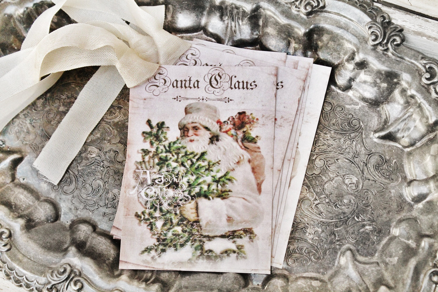 Christmas Gift Tags Vintage SANTA CLAUS with Tree Farmhouse Christmas Decor Christmas Card French Shabby Gift Wrap