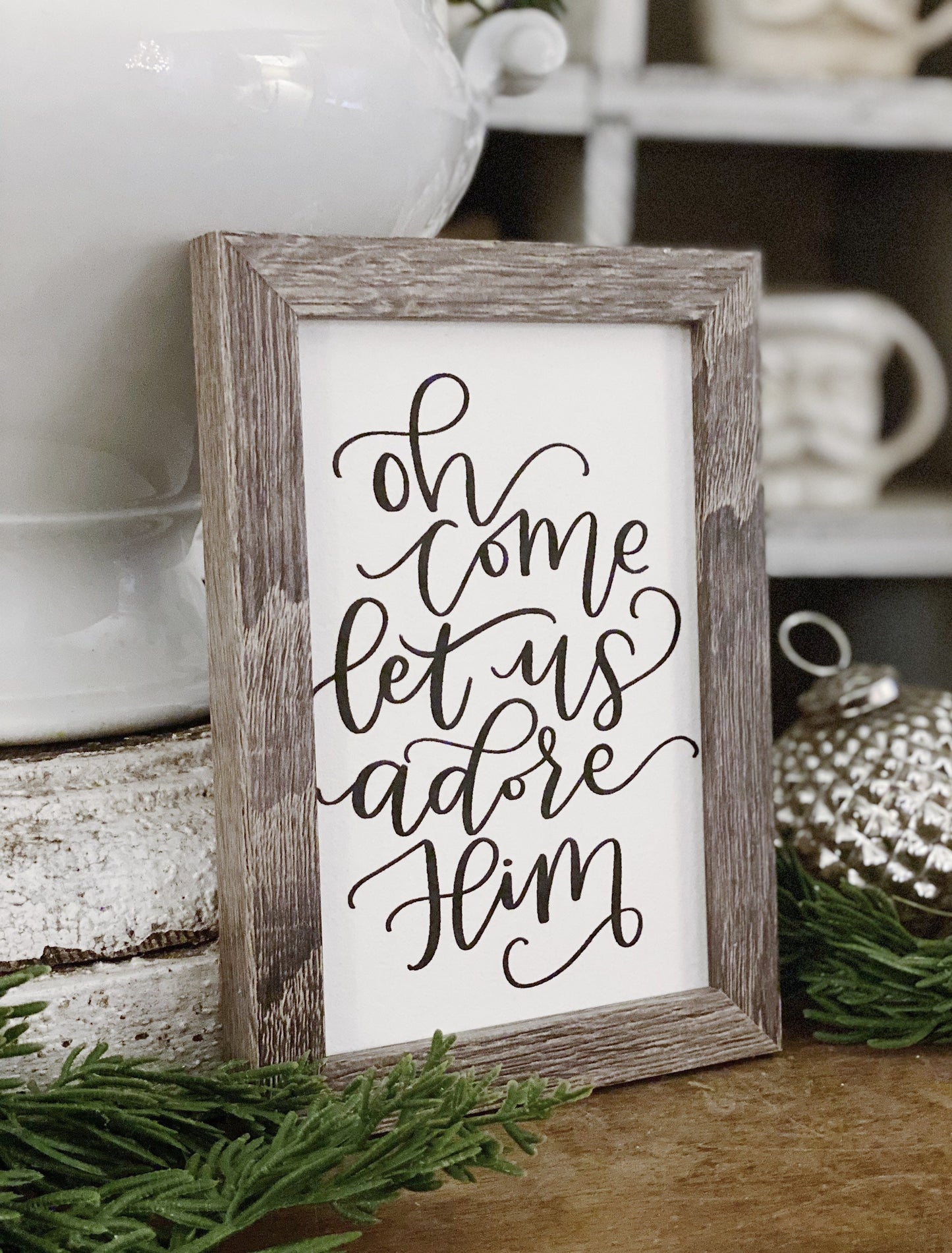 Vintage Christmas Frame Oh Come Let Us Adore Him Framed Sign Farmhouse Christmas Decor Barn Wood Rustic Oh Come All Ye Faithful Sign