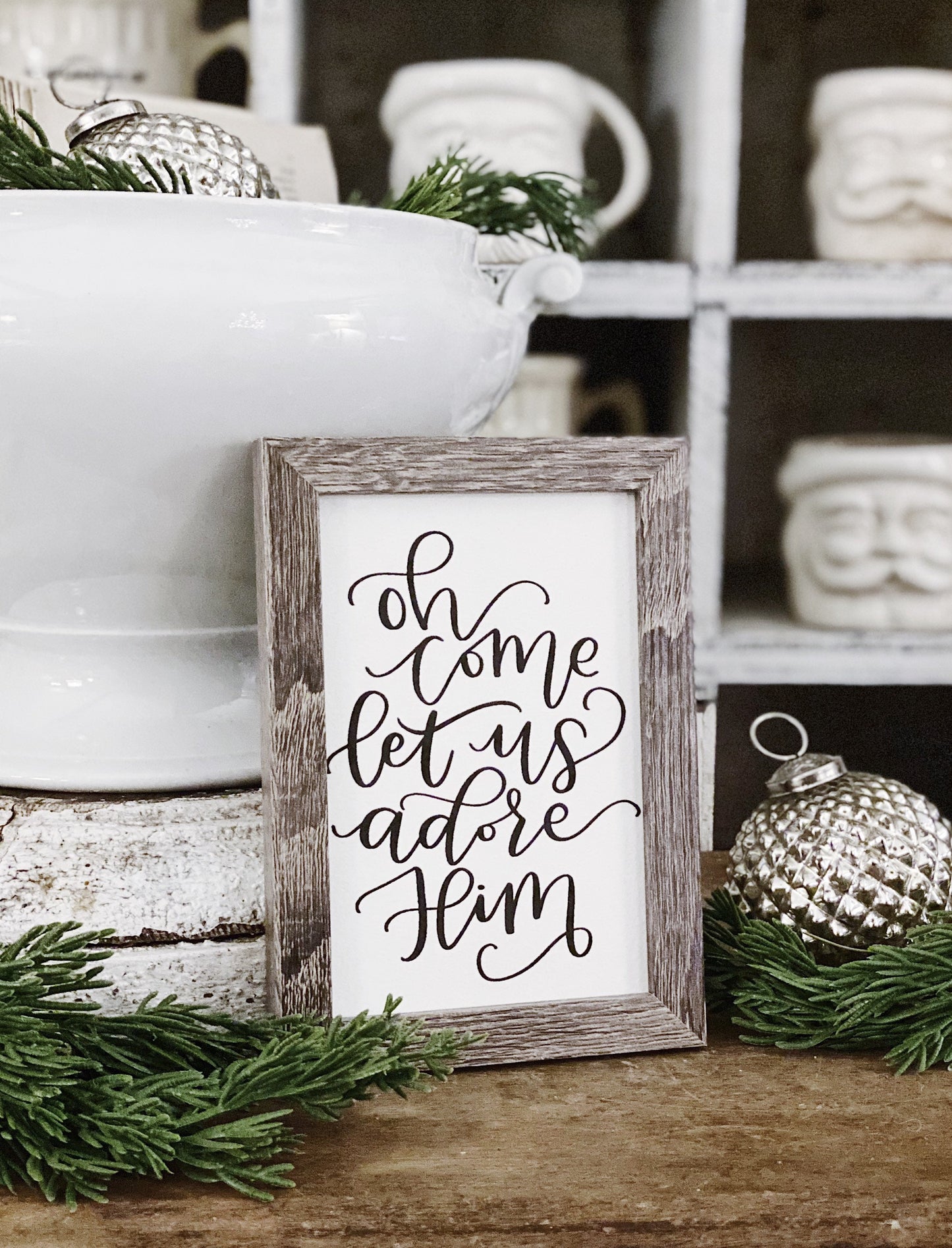 Vintage Christmas Frame Oh Come Let Us Adore Him Framed Sign Farmhouse Christmas Decor Barn Wood Rustic Oh Come All Ye Faithful Sign