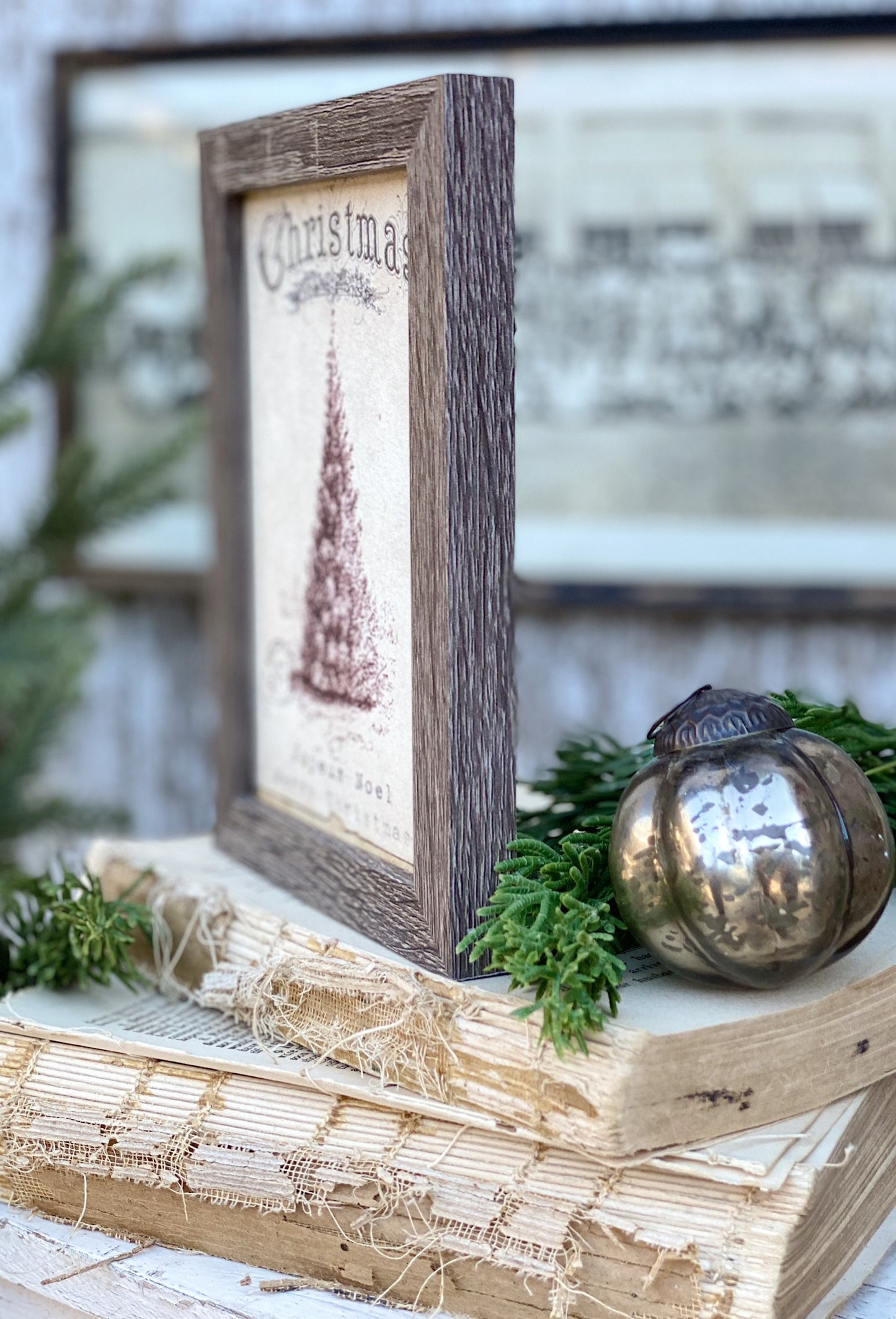 Vintage Christmas Sign PINE TREE Frame Farmhouse Winter Decor Barn Wood Rustic Primitive Framed Sign Botanical Illustration Burgundy Red