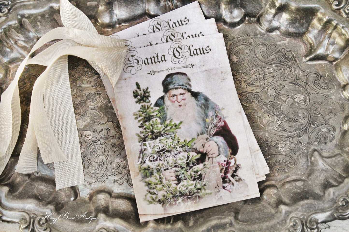 Christmas Gift Tags Vintage SANTA CLAUS with Tree Farmhouse Decor Christmas Card French Shabby Gift Wrap Primitive