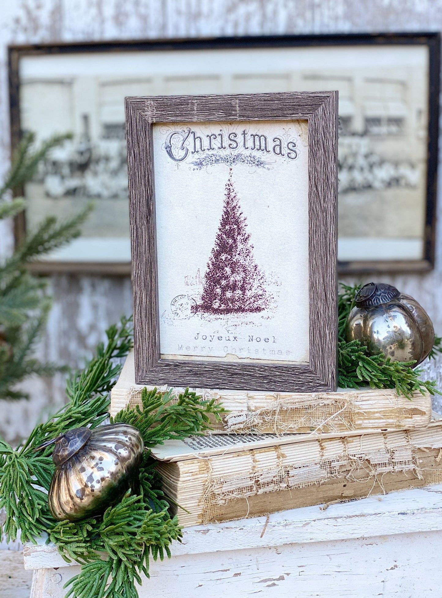 Vintage Christmas Sign PINE TREE Frame Farmhouse Winter Decor Barn Wood Rustic Primitive Framed Sign Botanical Illustration Burgundy Red