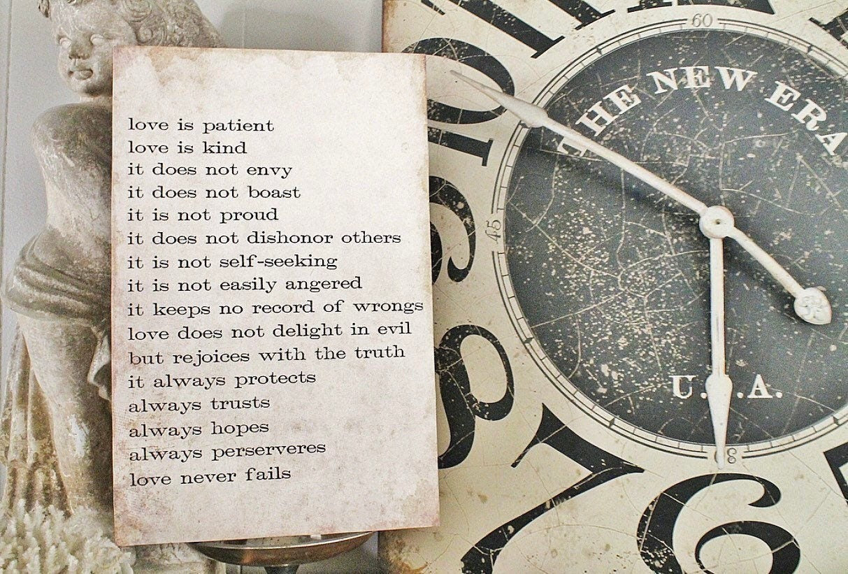 LOVE NEVER FAILS Sign Wood Vintage Farmhouse Decor Large Poster Mounted Book Page Bible Verse Scripture Love is Patient Wedding Valentine