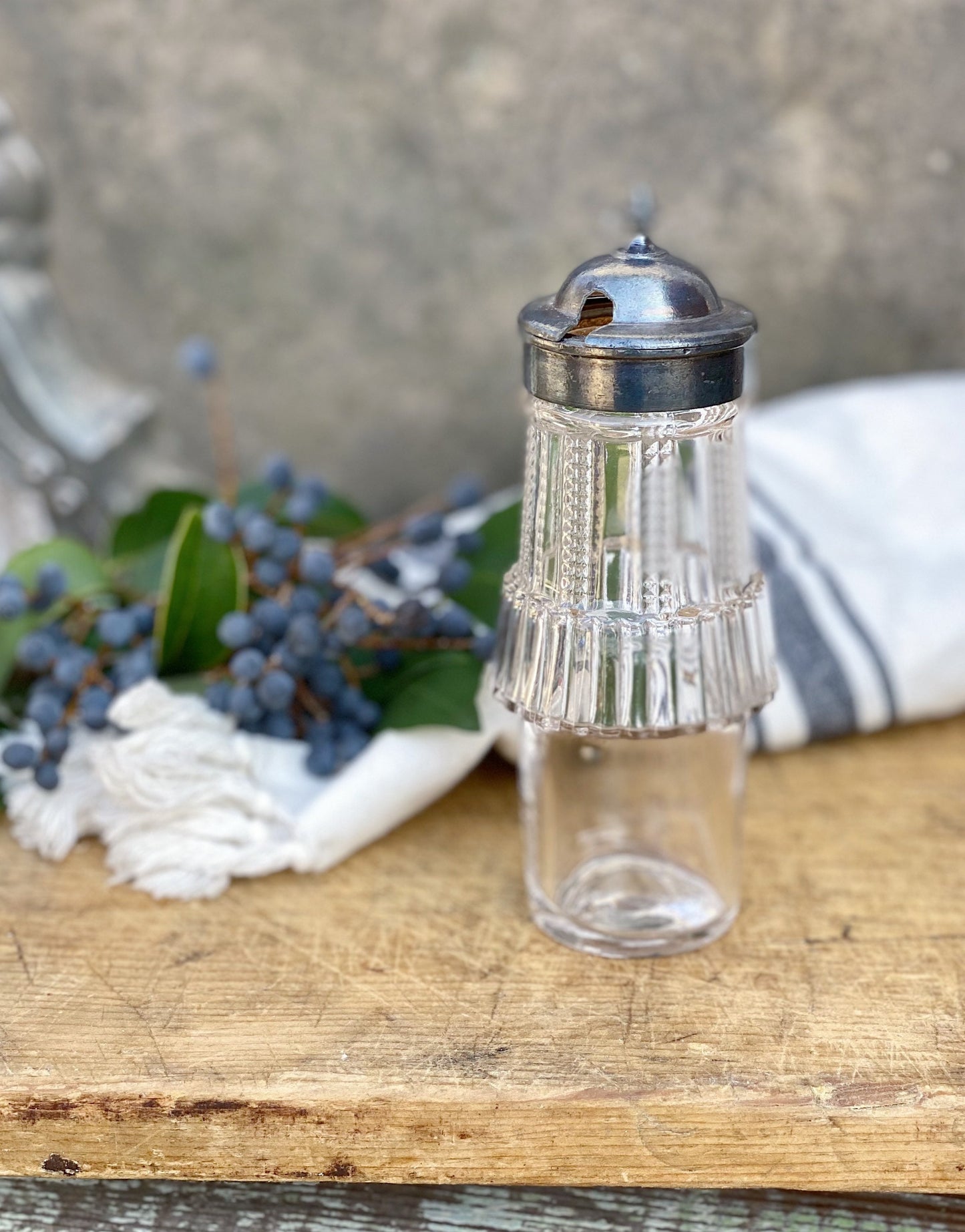 Antique Glass Cruet Bottle Etched Glass Silver Condiment Farmhouse Decor Primitive Cut Glass
