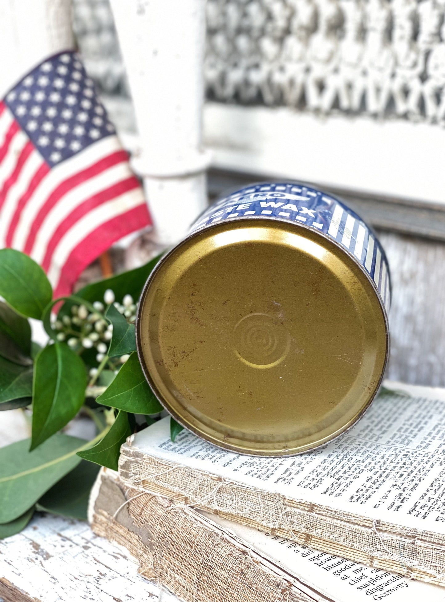 Antique AERO Paste Wax Tin Can, Blue Americana Farmhouse Decor