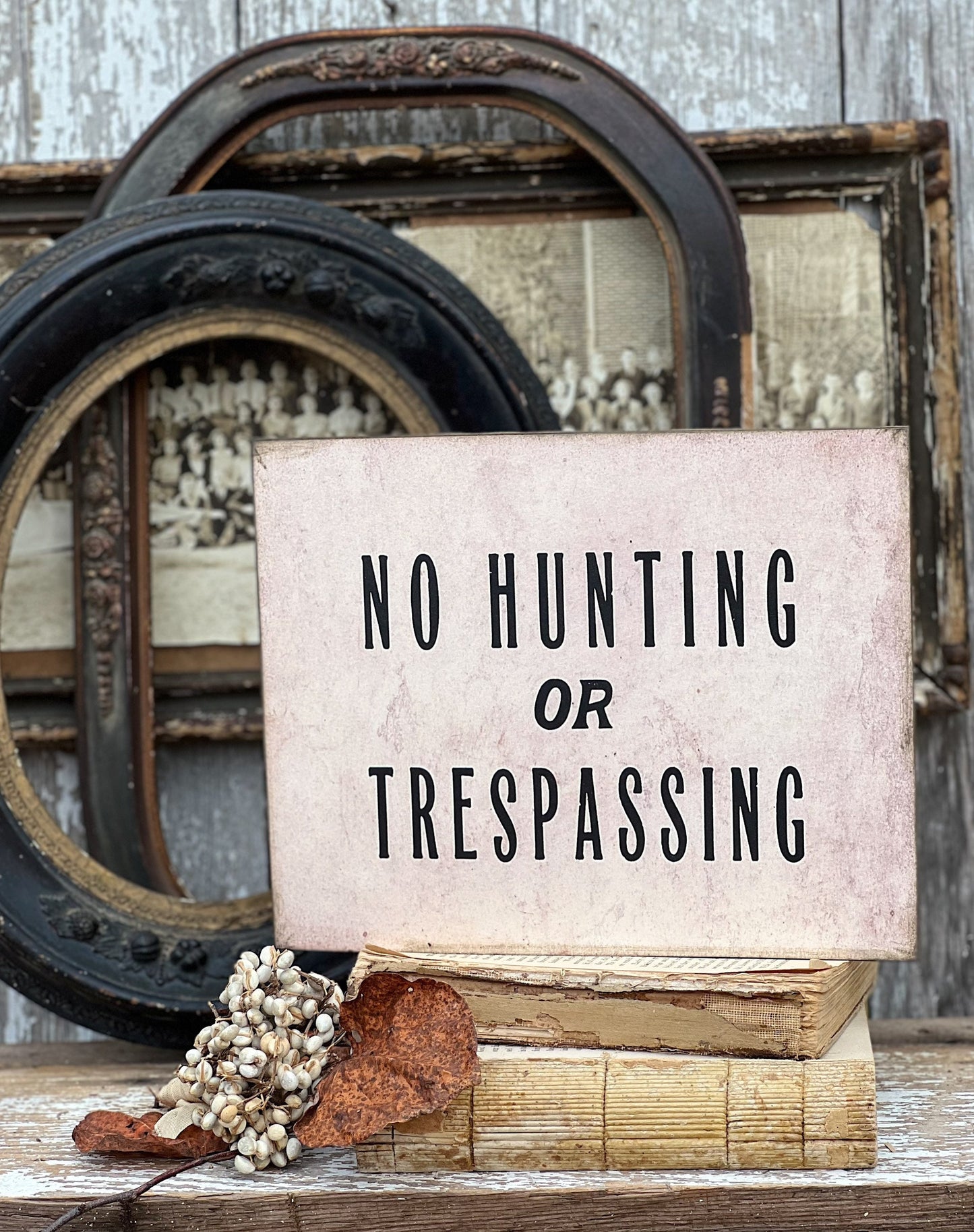 NO HUNTING or TRESPASSING Wood Sign Vintage Antique Farmhouse Decor Wall Art Print Decor Black Aged Cream Sign