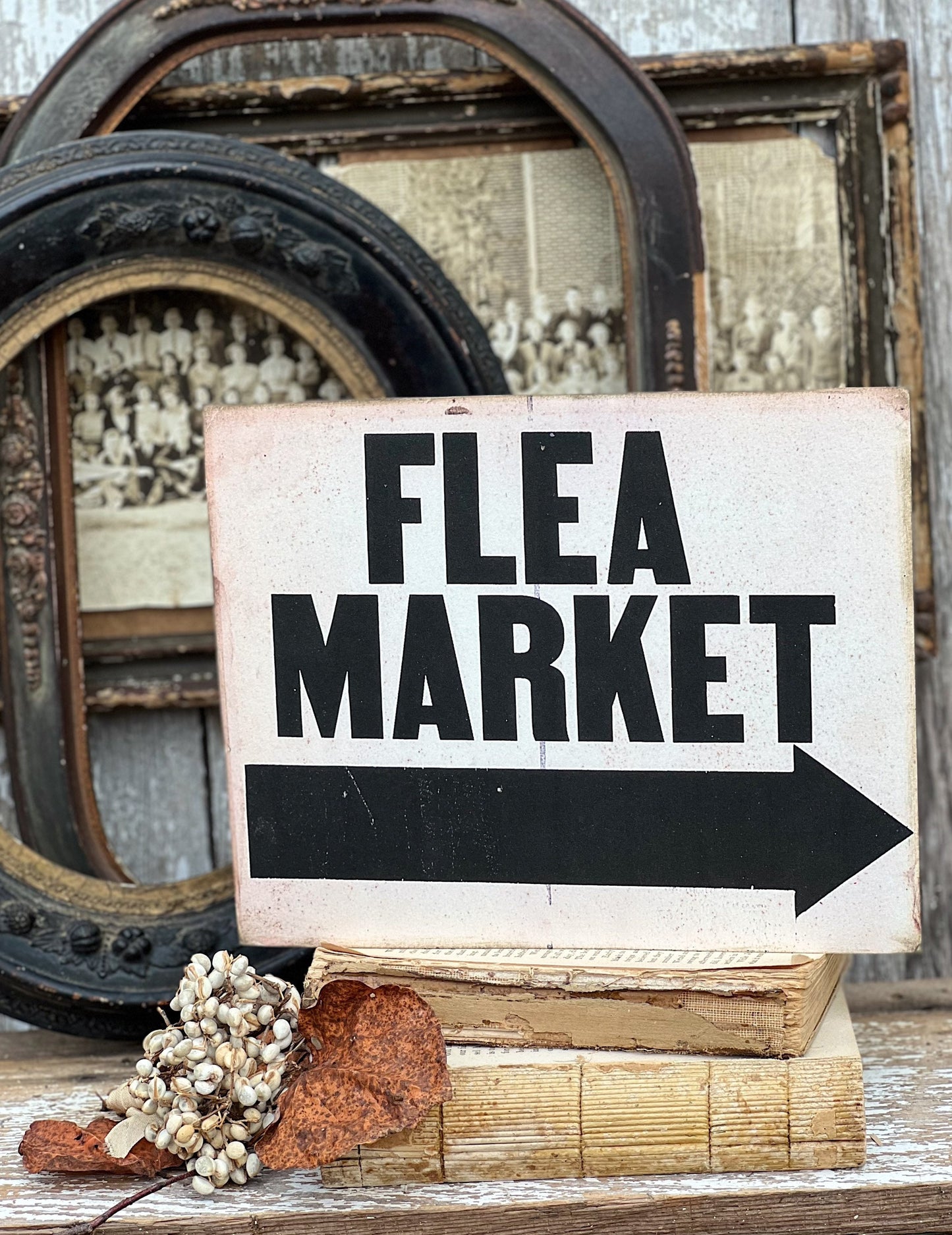 FLEA MARKET Wood Sign Vintage Antique Farmhouse Decor Wall Art Print Decor Black Aged Cream Sign