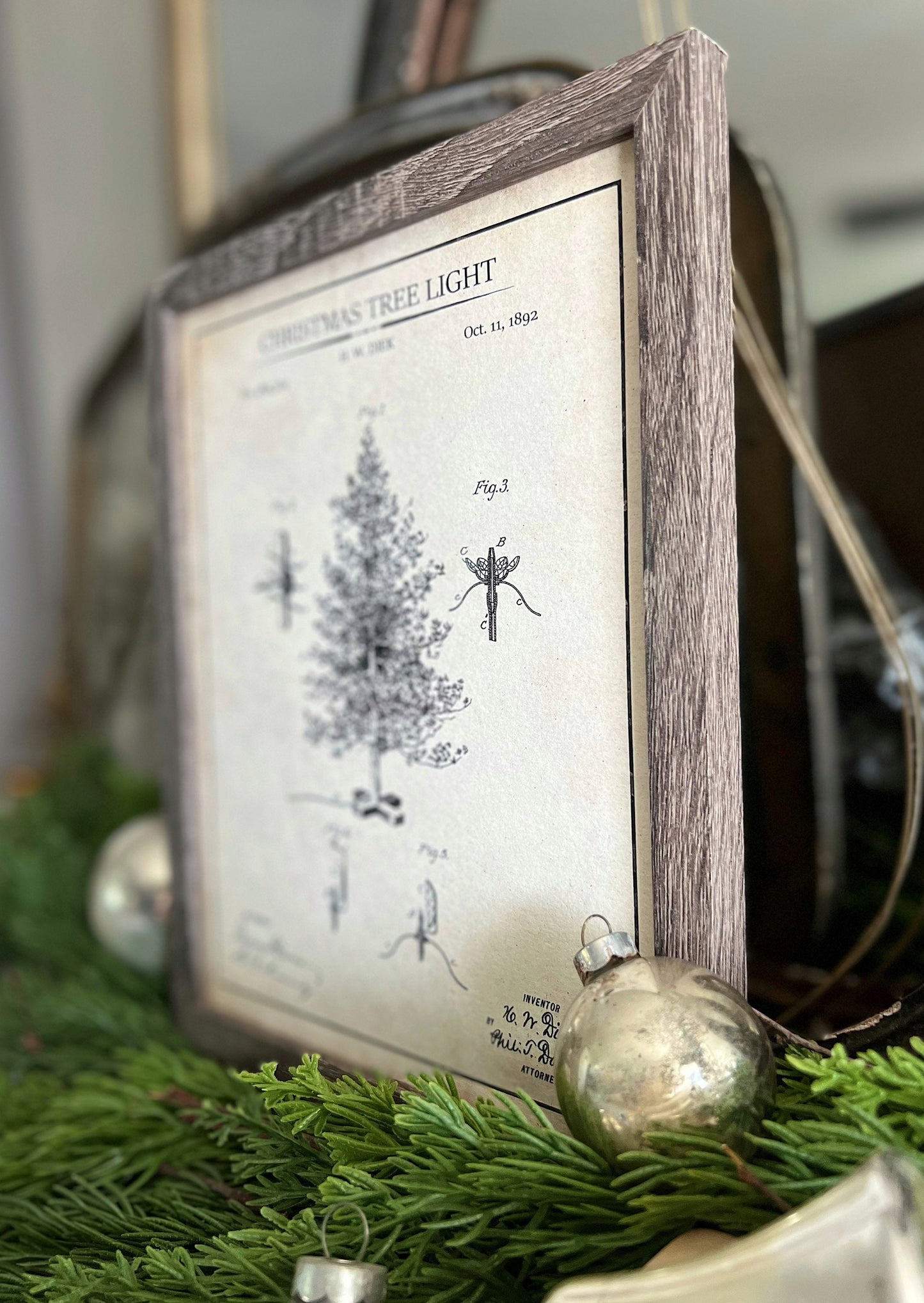 Christmas Patent TREE Wood Sign FRAMED Vintage Christmas Farmhouse Wall Art Print Primitive