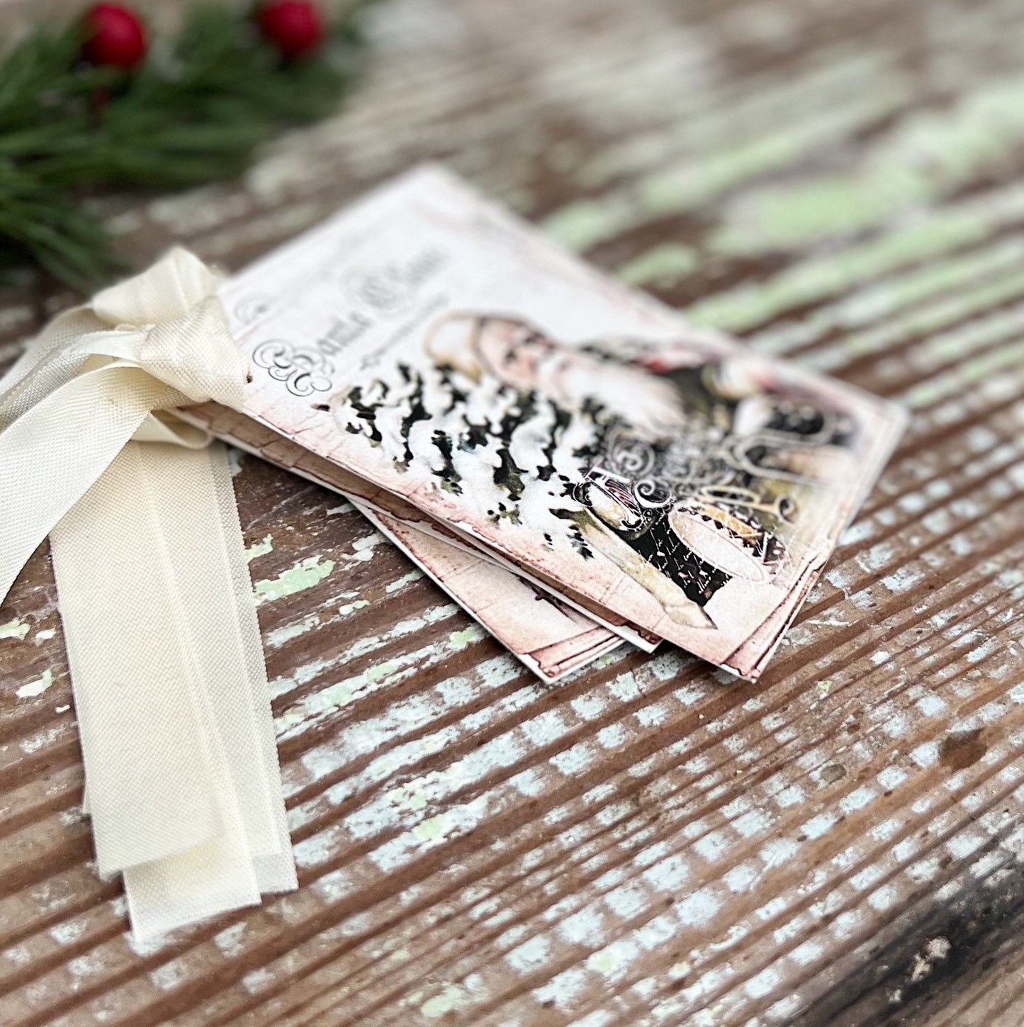 Christmas Gift Tags Vintage SANTA CLAUS with Tree Farmhouse Christmas Decor Christmas Card French Shabby Gift Wrap