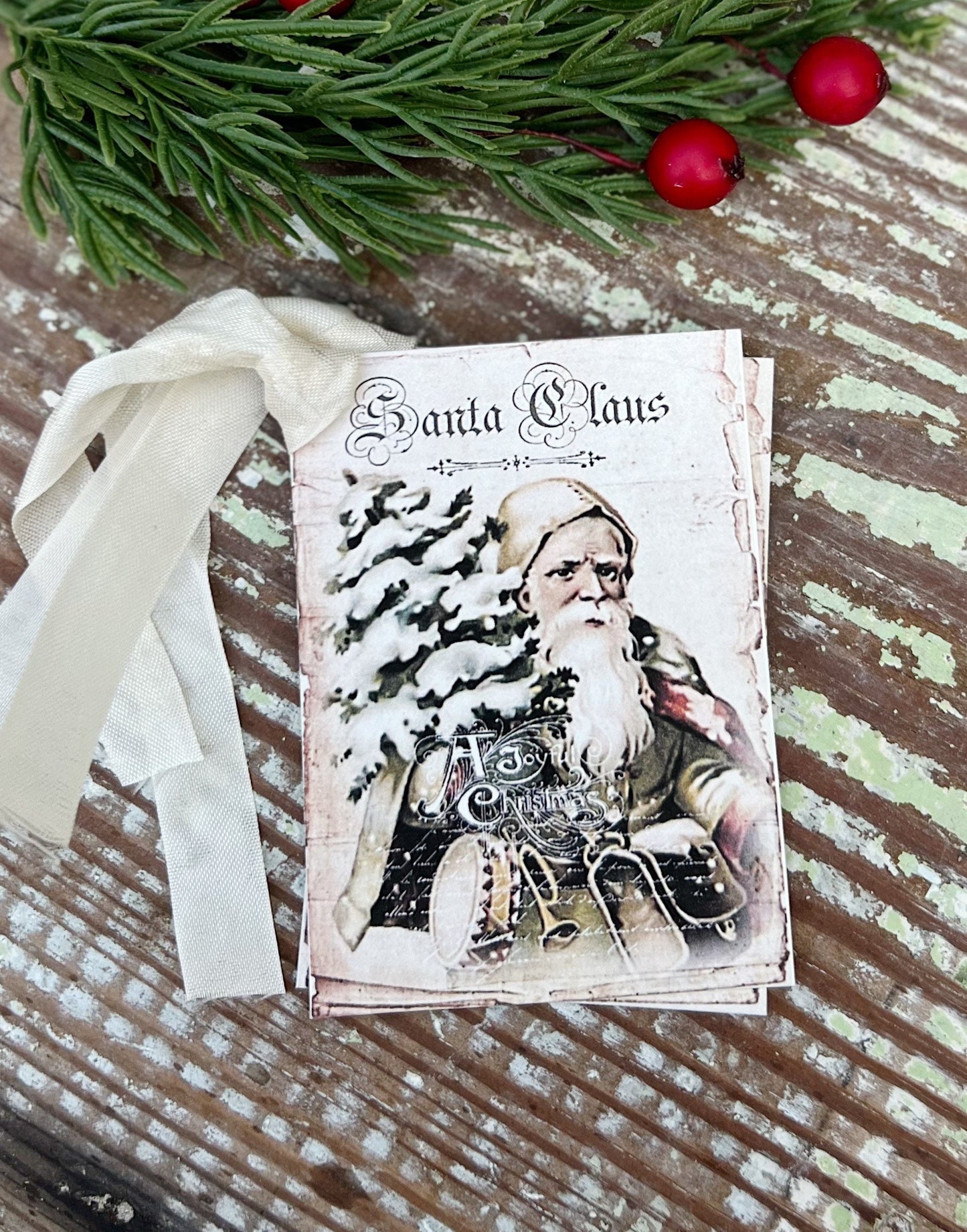 Christmas Gift Tags Vintage SANTA CLAUS with Tree Farmhouse Christmas Decor Christmas Card French Shabby Gift Wrap