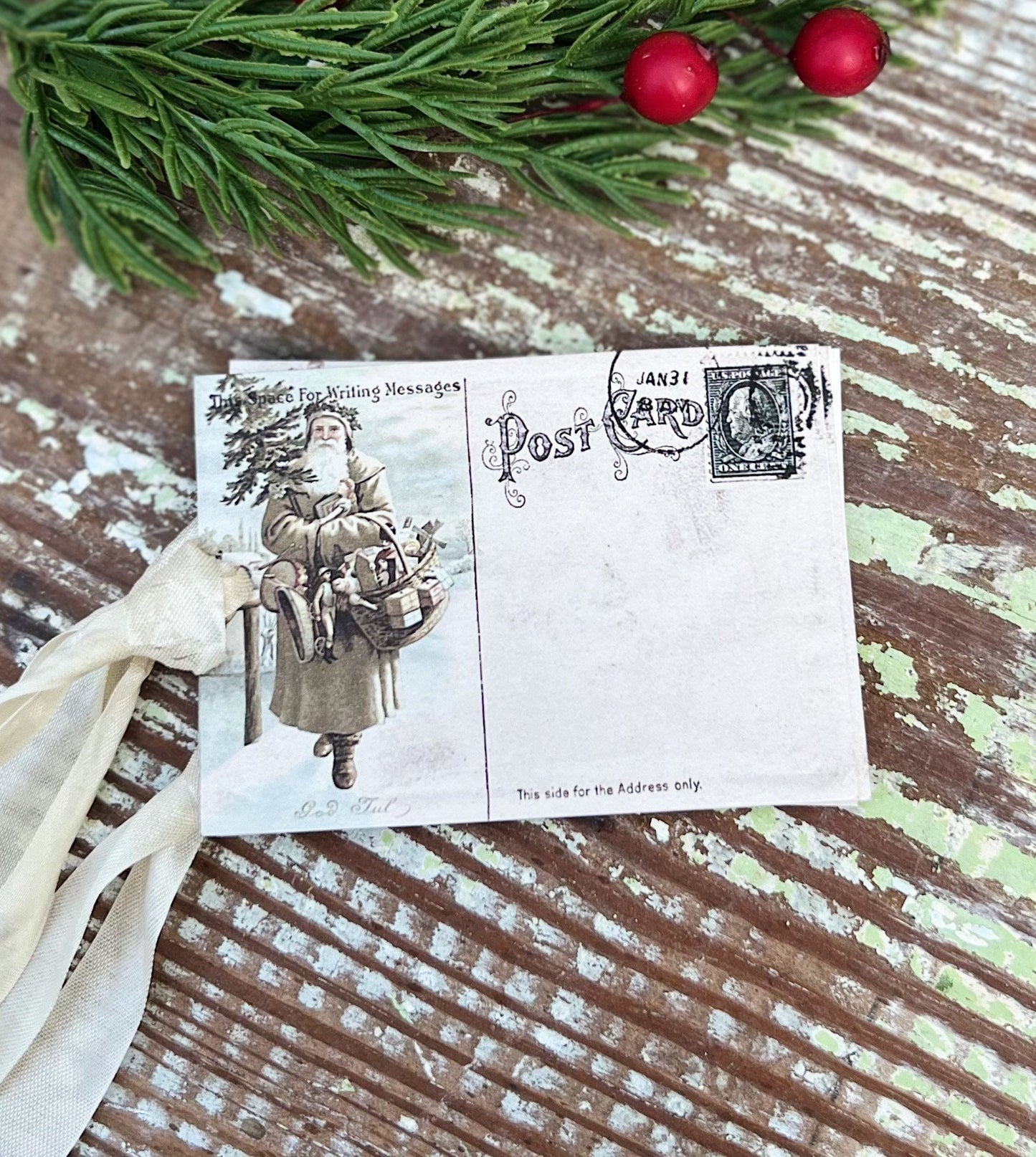 Christmas Gift Tags Vintage SANTA POST CARD Farmhouse Decor Card French Shabby Gift Wrap Christmas Tree Ornament