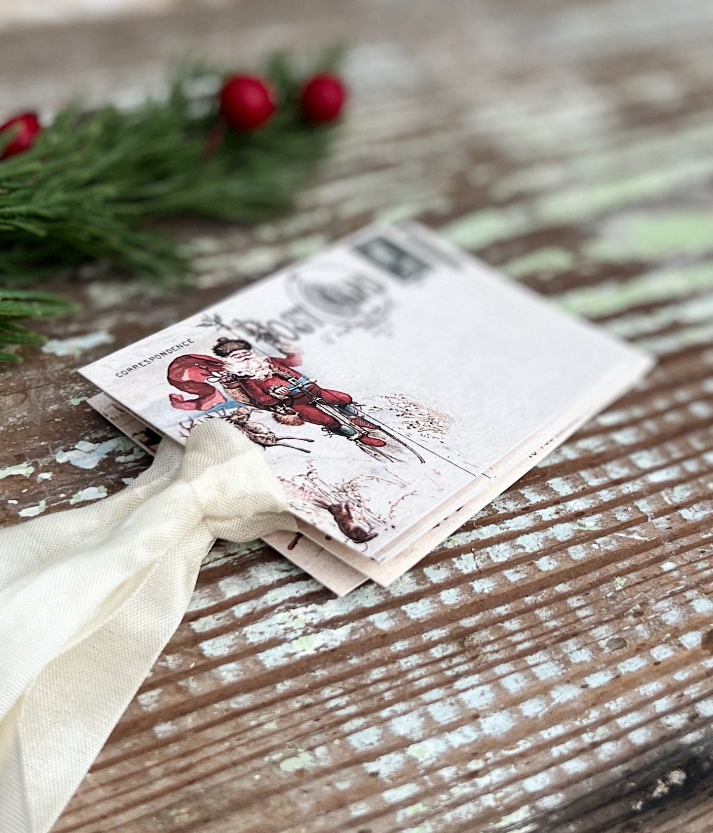 Christmas Gift Tags Vintage SANTA BICYCLE Post Card Farmhouse Decor Card French Shabby Gift Wrap Christmas Tree Ornament
