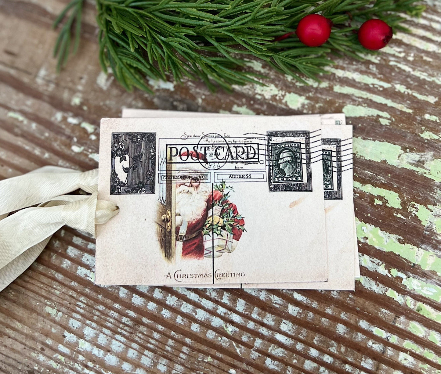 Christmas Gift Tags Vintage SANTA with Packages Post Card Farmhouse Decor Card French Shabby Gift Wrap Christmas Tree Ornament