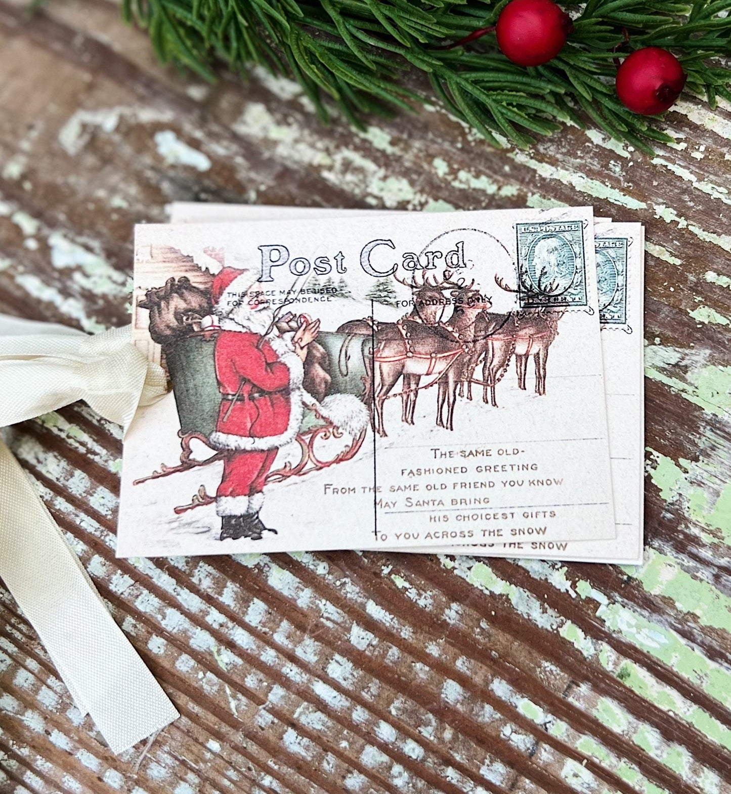 Christmas Gift Tags Vintage SANTA with Reindeer Sled Post Card Farmhouse Decor Card French Shabby Gift Wrap Christmas Tree Ornament