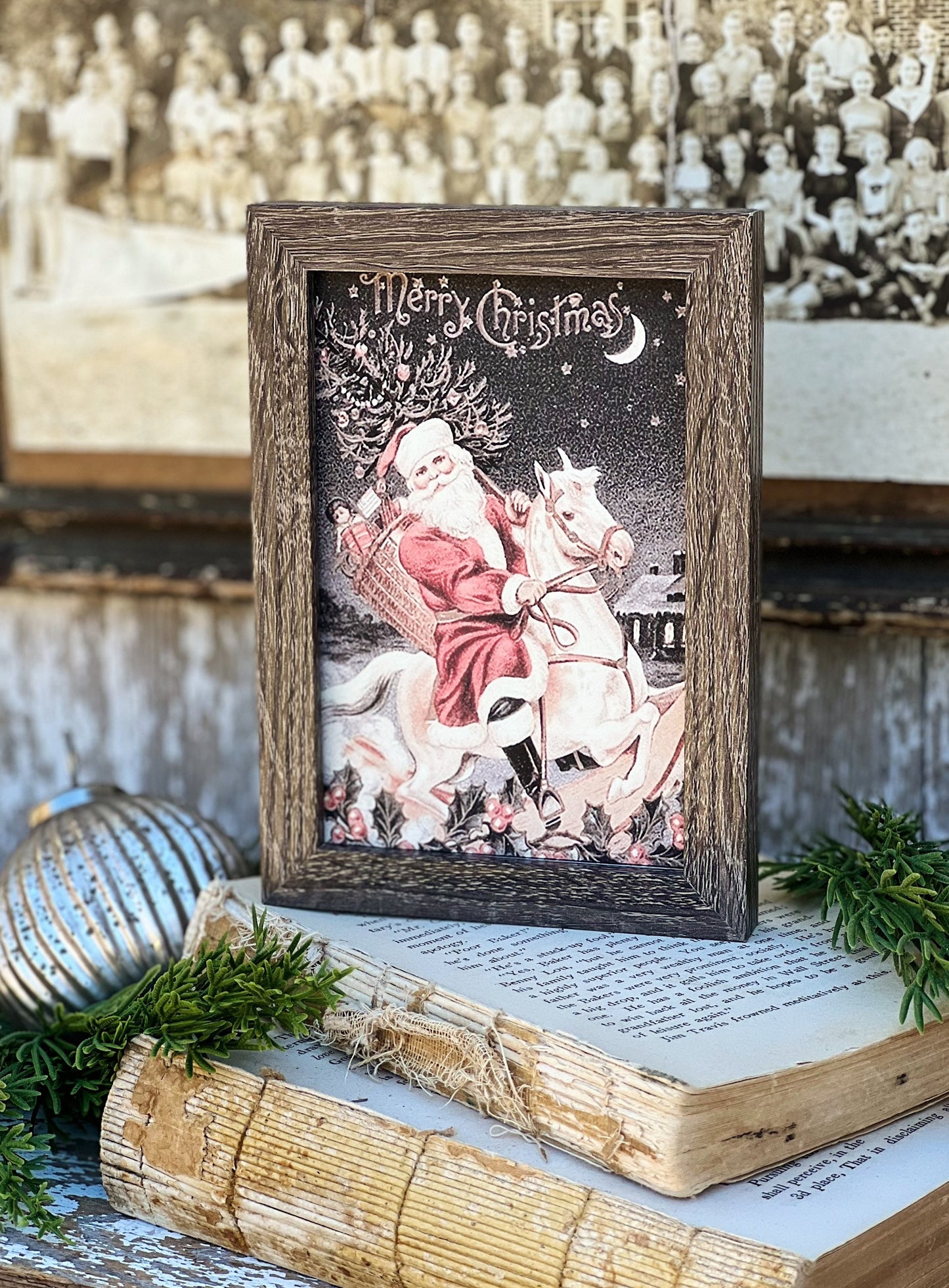 Vintage Christmas Frame SANTA ON HORSE Framed Sign Farmhouse Christmas Decor Barn Wood Rustic Christmas Sign Primitive Merry Christmas