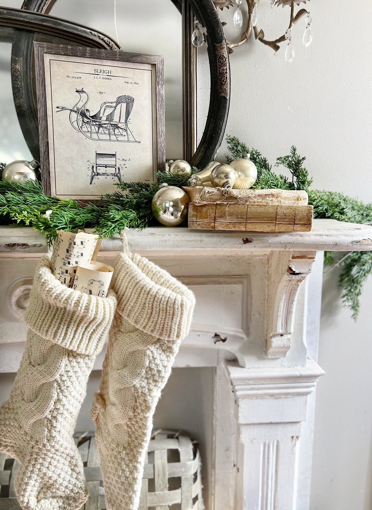 Christmas Patent SLED Wood Sign FRAMED Vintage Christmas Farmhouse Wall Art Print Primitive