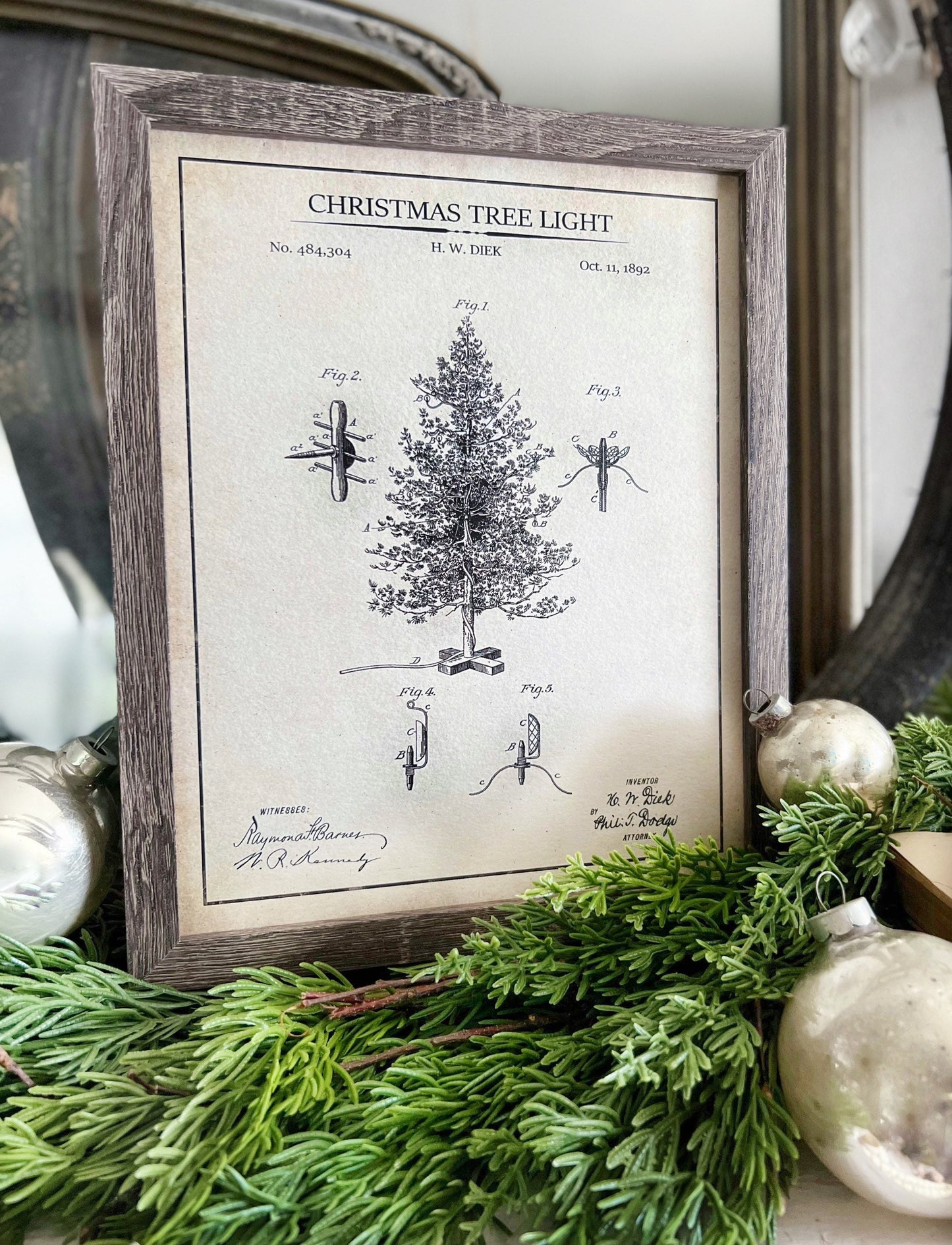 Christmas Patent TREE Wood Sign FRAMED Vintage Christmas Farmhouse Wall Art Print Primitive