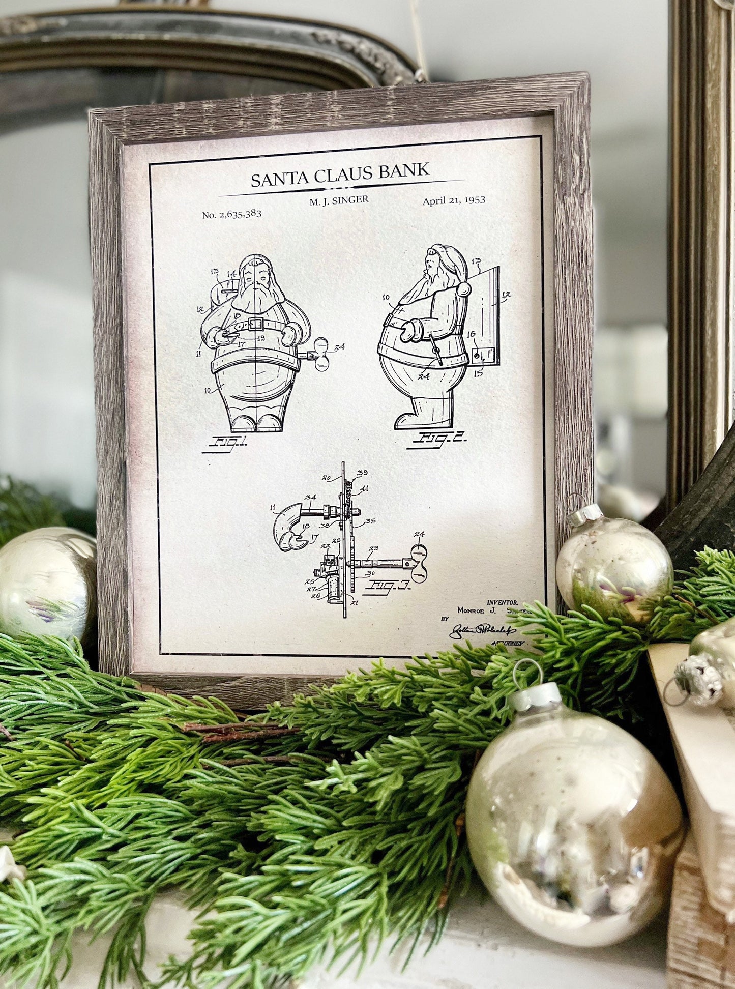 Christmas Patent SANTA Wood Sign FRAMED Vintage Christmas Farmhouse Wall Art Print Primitive