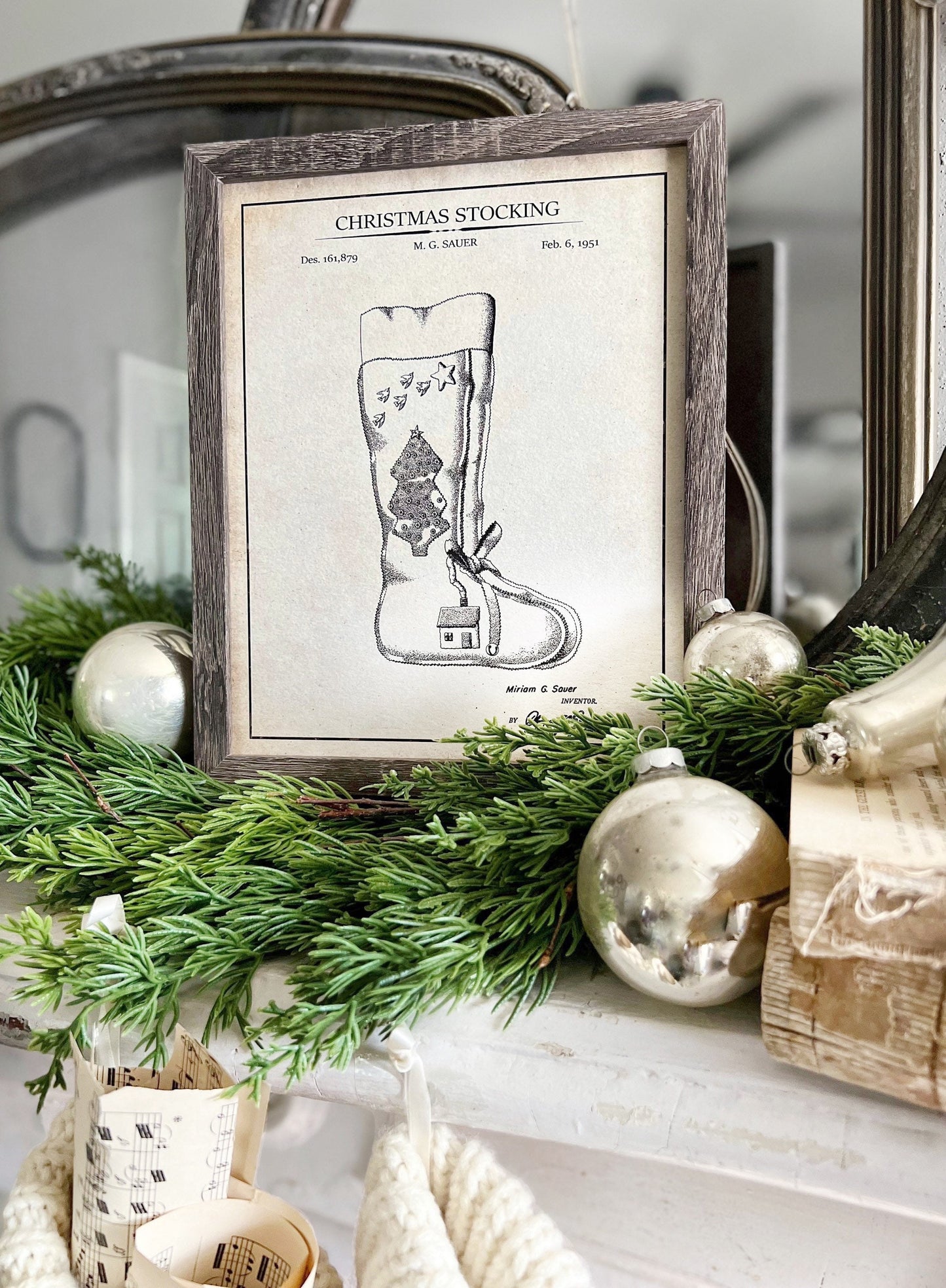 Christmas Patent STOCKING Wood Sign FRAMED Vintage Christmas Farmhouse Wall Art Print Primitive
