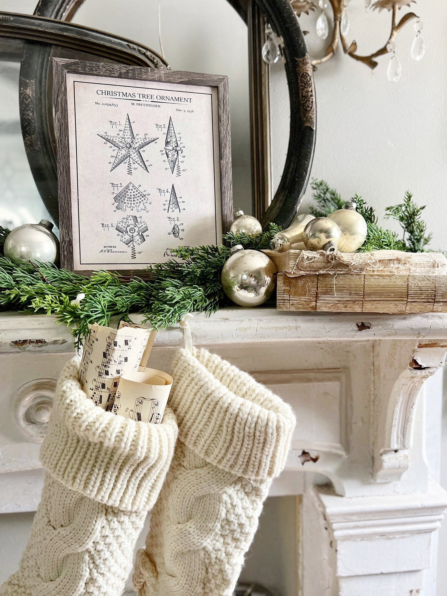 Christmas Patent TREE ORNAMENTS Wood Sign FRAMED Vintage Christmas Farmhouse Wall Art Print Primitive