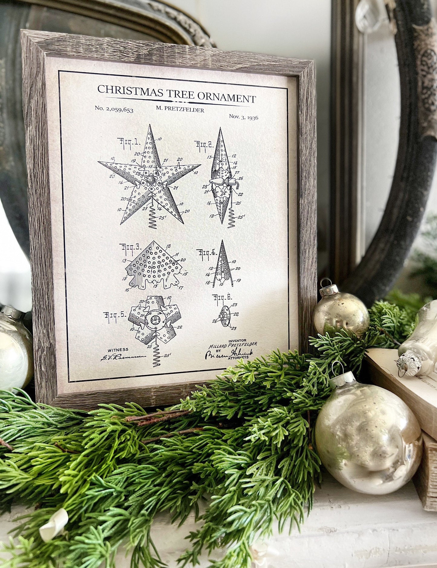 Christmas Patent TREE ORNAMENTS Wood Sign FRAMED Vintage Christmas Farmhouse Wall Art Print Primitive