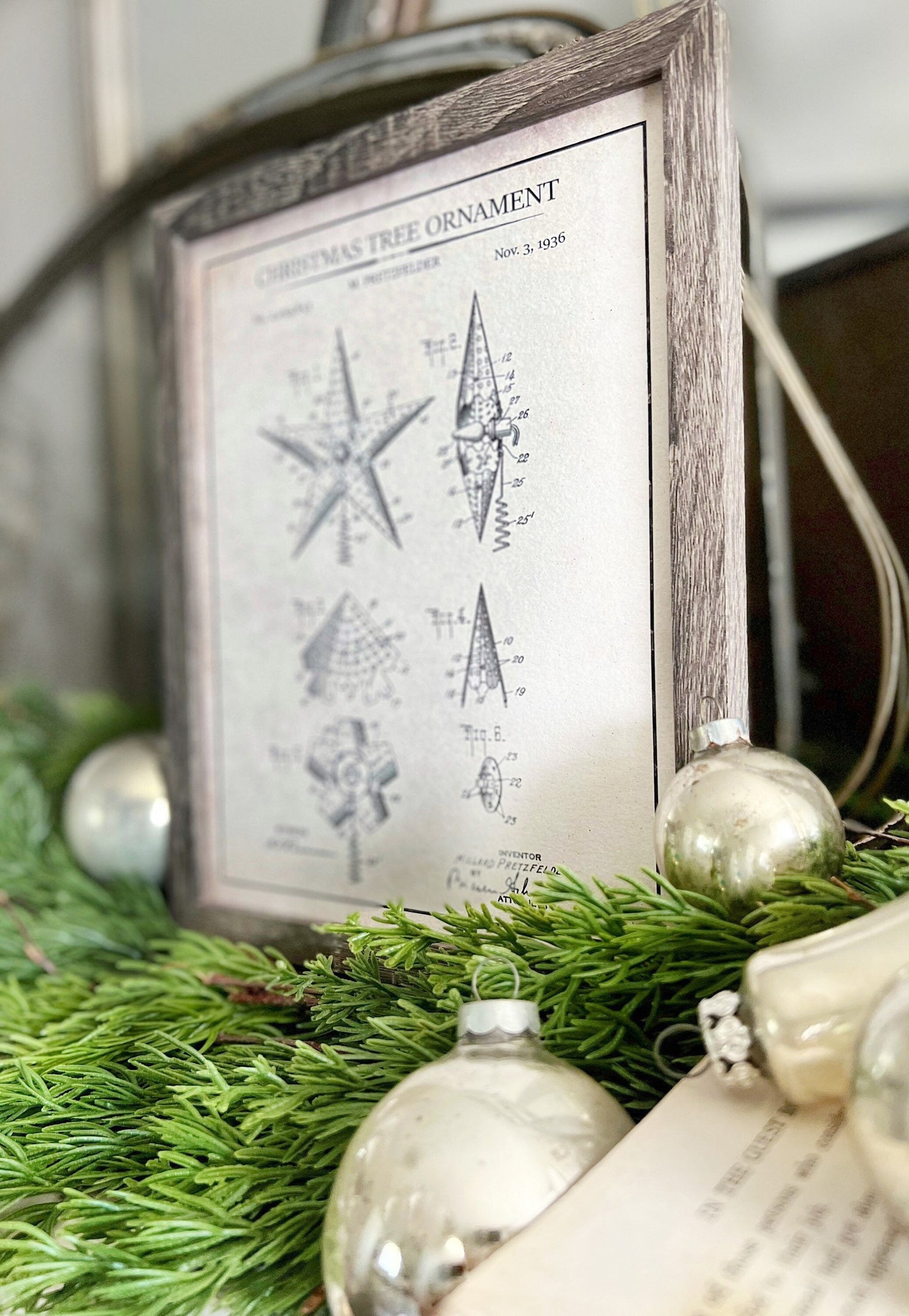 Christmas Patent TREE ORNAMENTS Wood Sign FRAMED Vintage Christmas Farmhouse Wall Art Print Primitive
